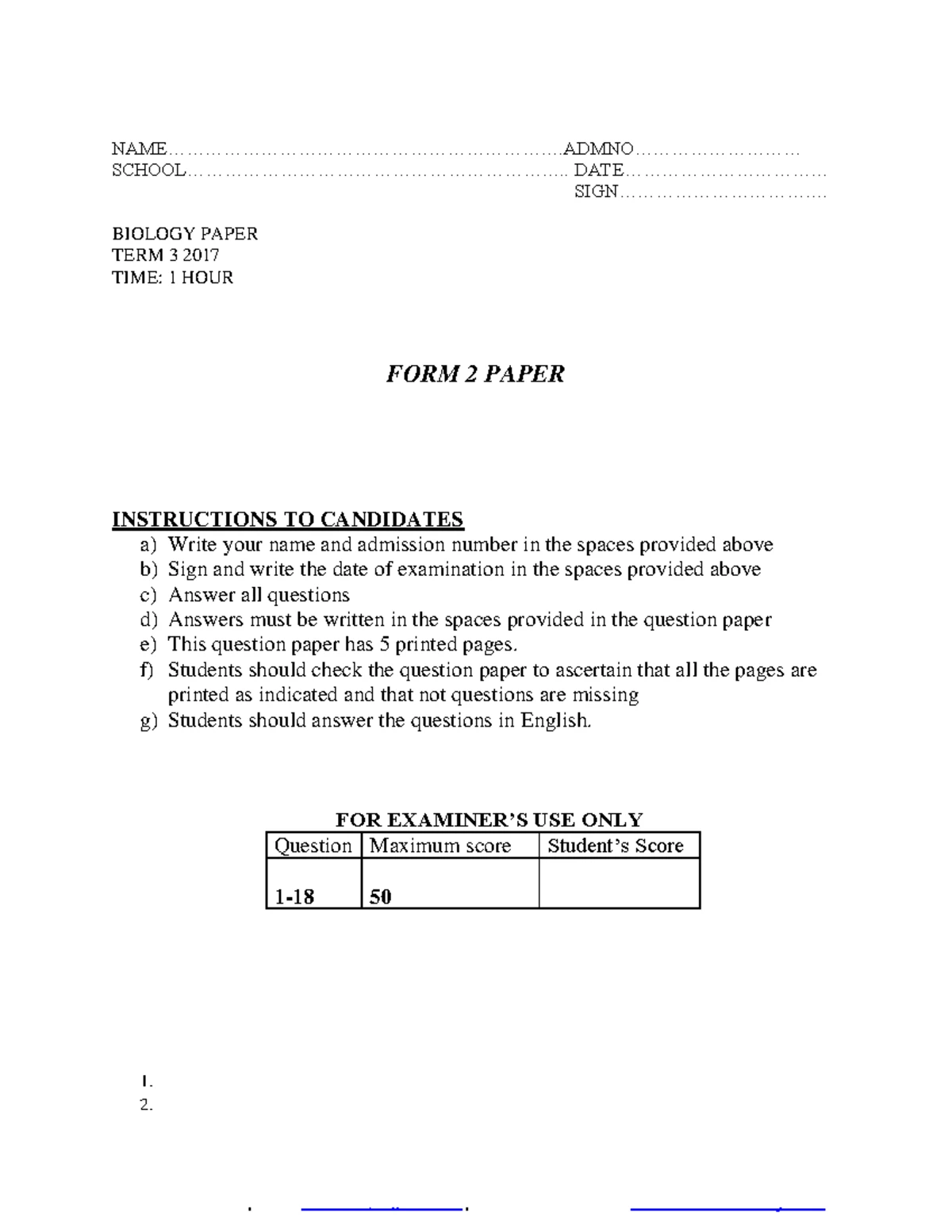 Zool 100: Form Three Biology Exam Questions and Answers - Studocu