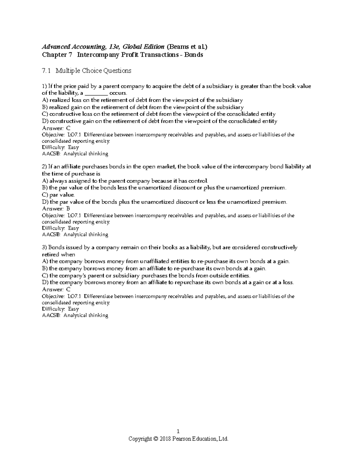 Advanced Accounting 13e TB07: Intercompany Profit Transactions Quiz - Document Preview