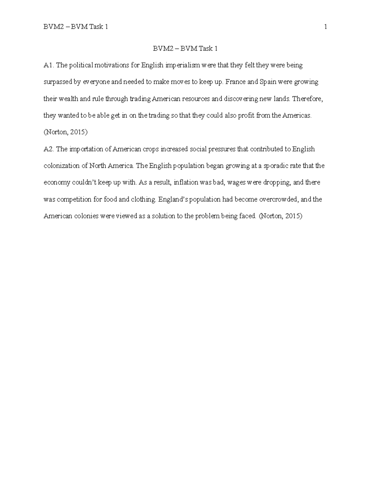 BVM1 History - Task 1 for C121 WGU - BVM2 – BVM Task 1 A1. The ...
