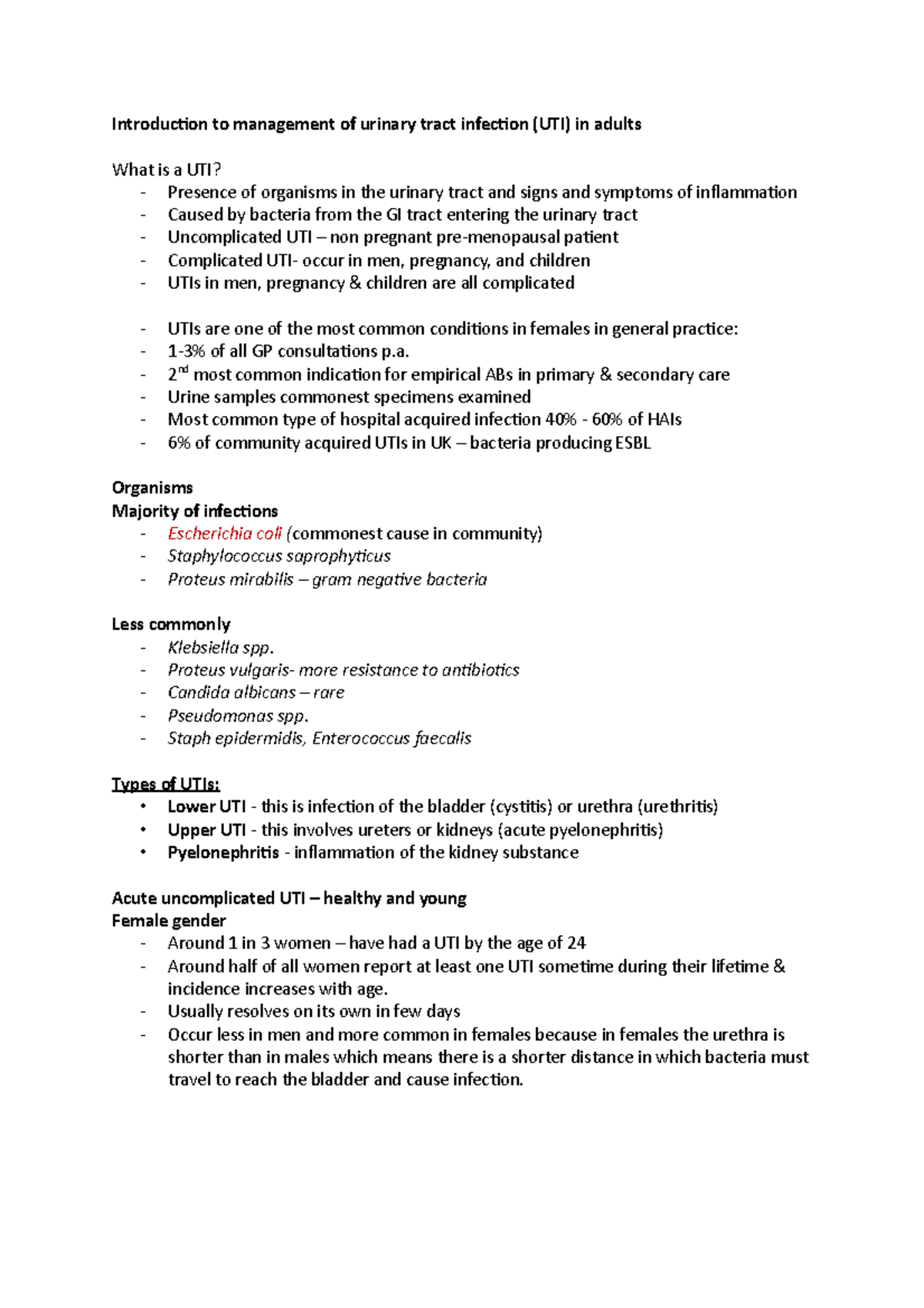 Management of Urinary Tract Infections (UTIs) in Adults: A Guide - Studocu