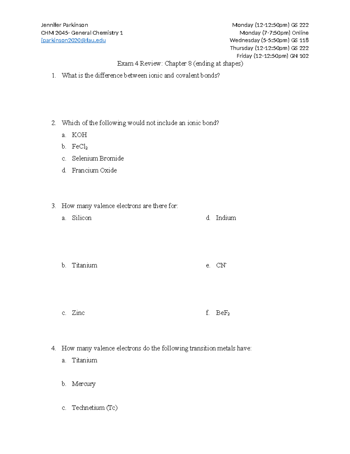 CHM 2045 Exam 4 Review: Bonding and Lewis Structures Study Guide - Studocu