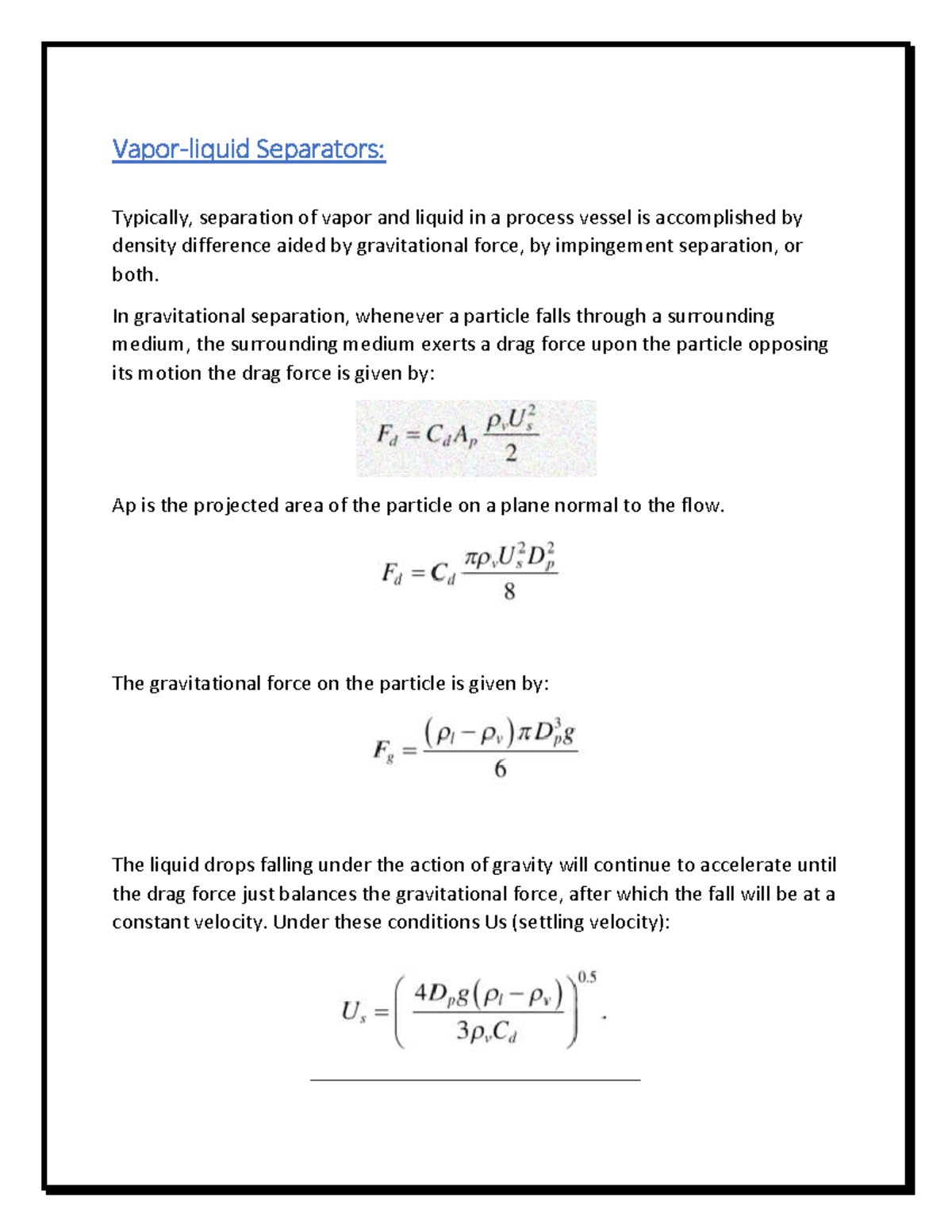 2 Phase Separator Sizing Guidelines for Vapor-Liquid Separation - Studocu