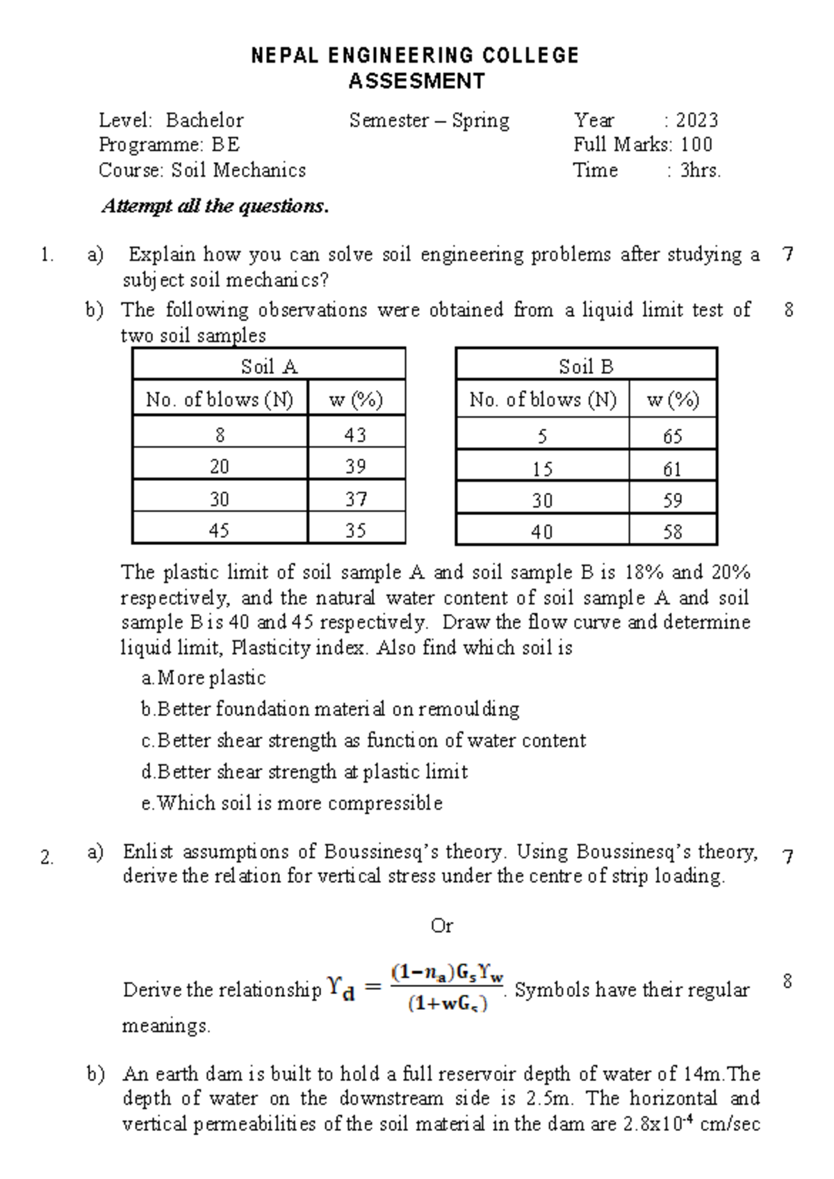 Soil Mechanics Assessment - BE Spring 2023 - NEPAL ENGINEERING COLLEGE ...