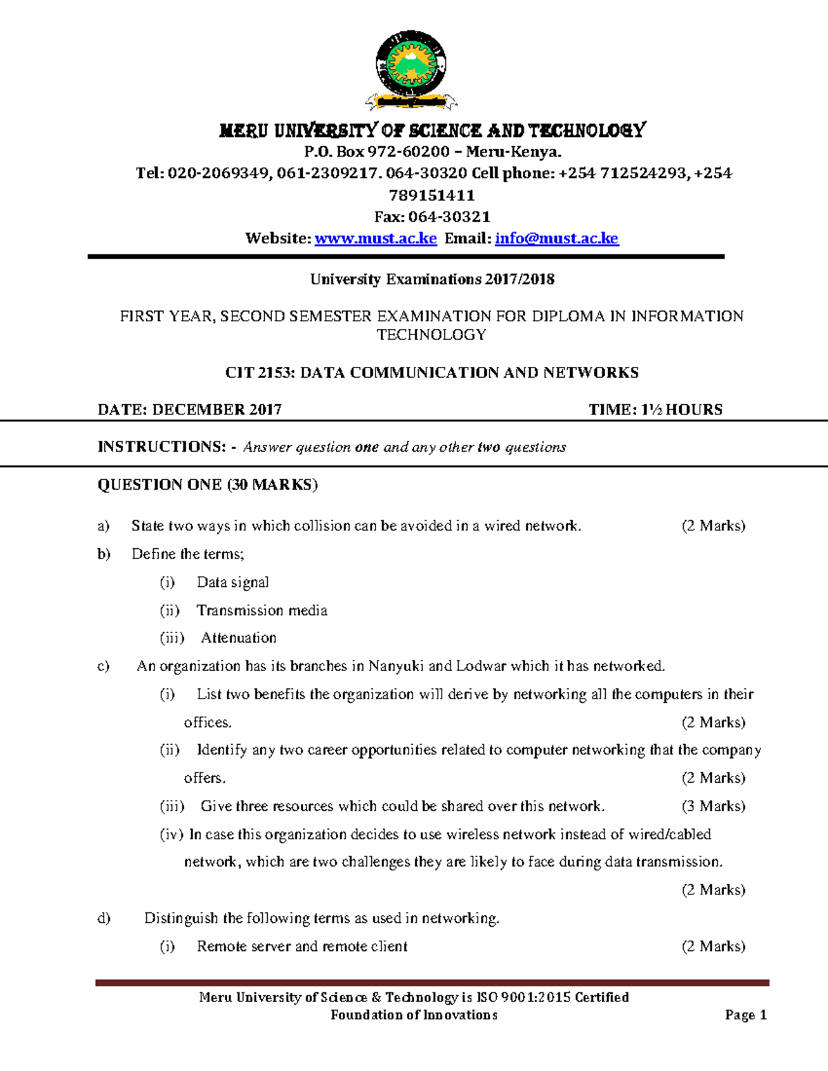 CIT 2153 Final Exam: Data Communication and Networks Notes - Studocu