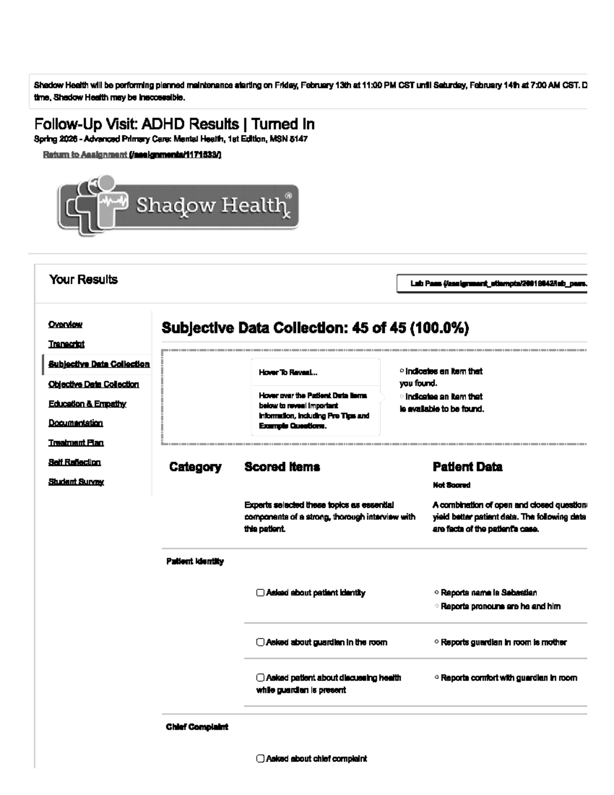 Shadow Health ADHD Subjective Data Collection - MSN 5147 - Studocu