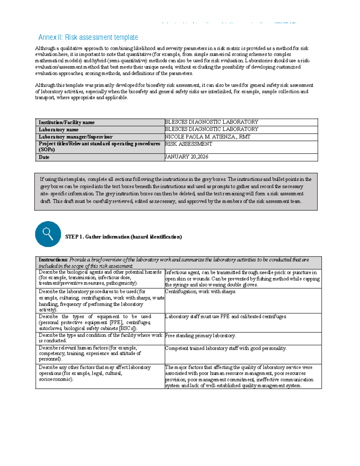 WHO Risk Assessment Template for Laboratory Biosafety (Annex II) - Studocu