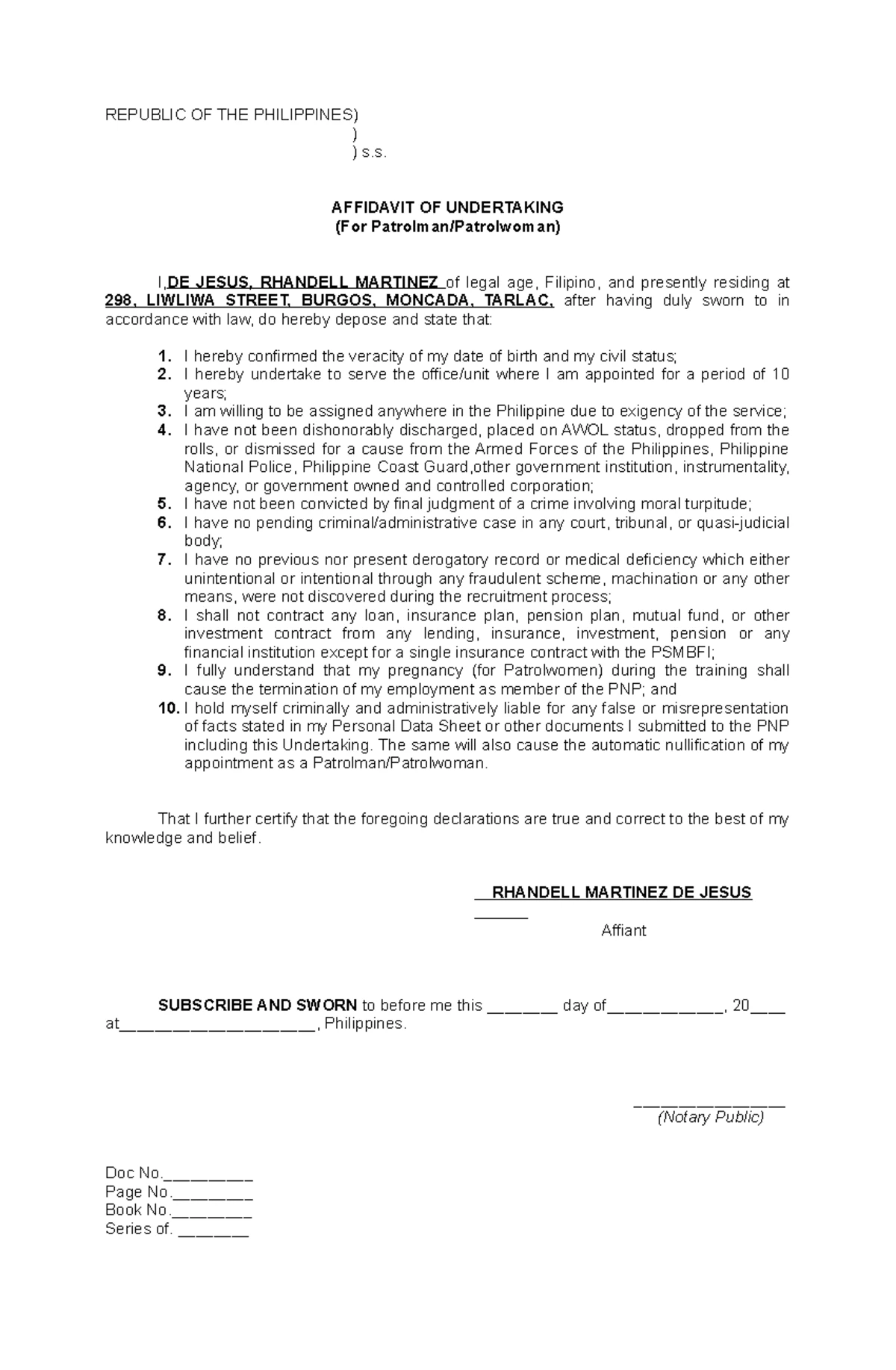 Affidavit of Undertaking Regarding Incontestability of Declared Birth ...