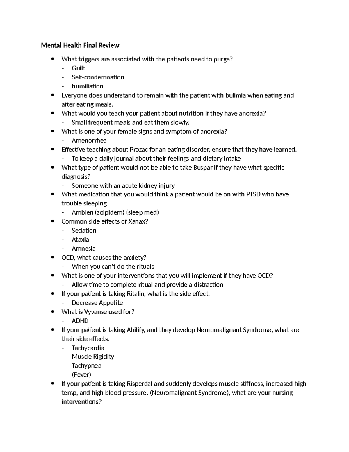 Mental Health NUR 101 Final Exam Review: Key Concepts and Interventions ...
