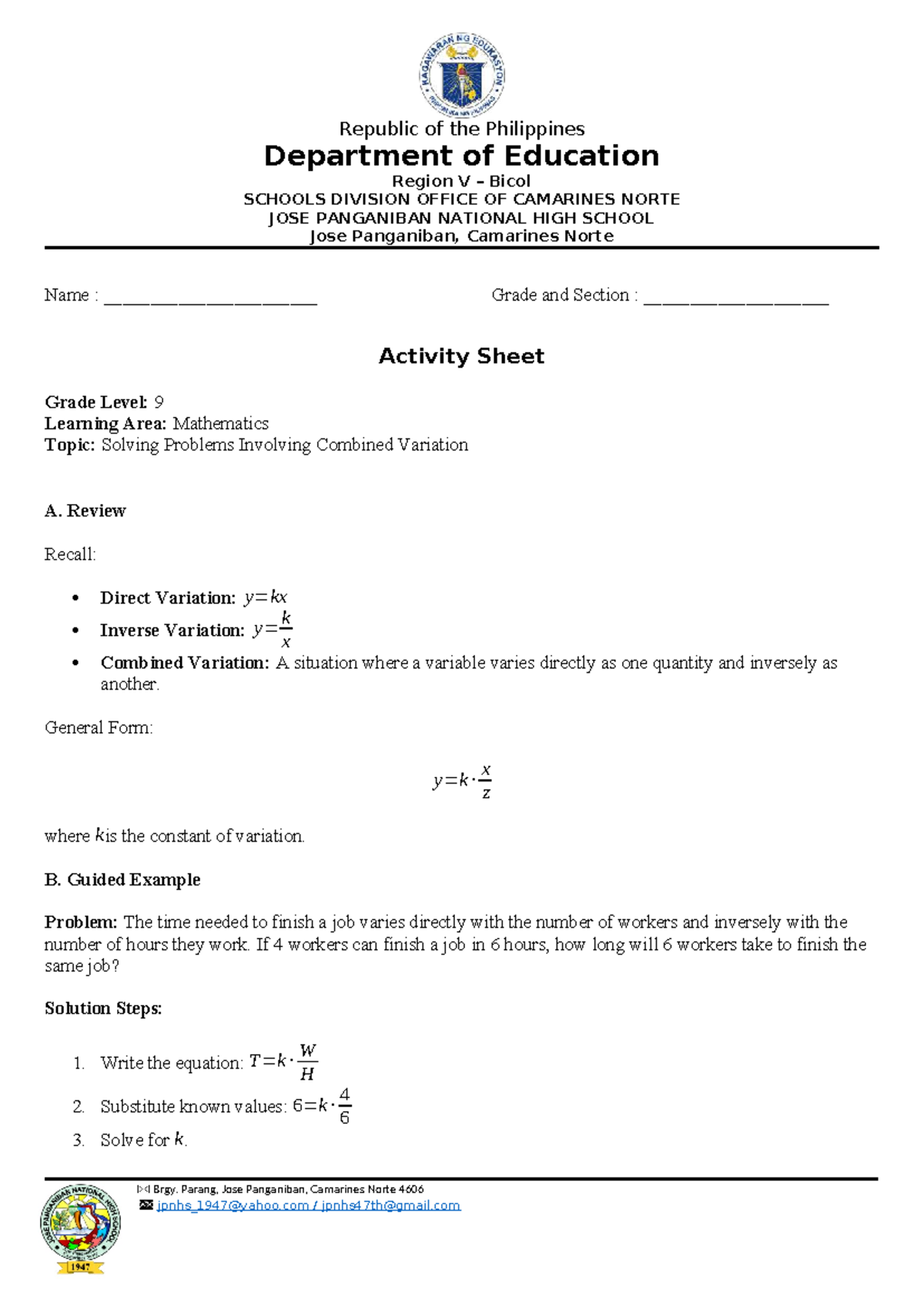 Activity Sheet - MATH 9: Solving Combined Variation Problems - Studocu