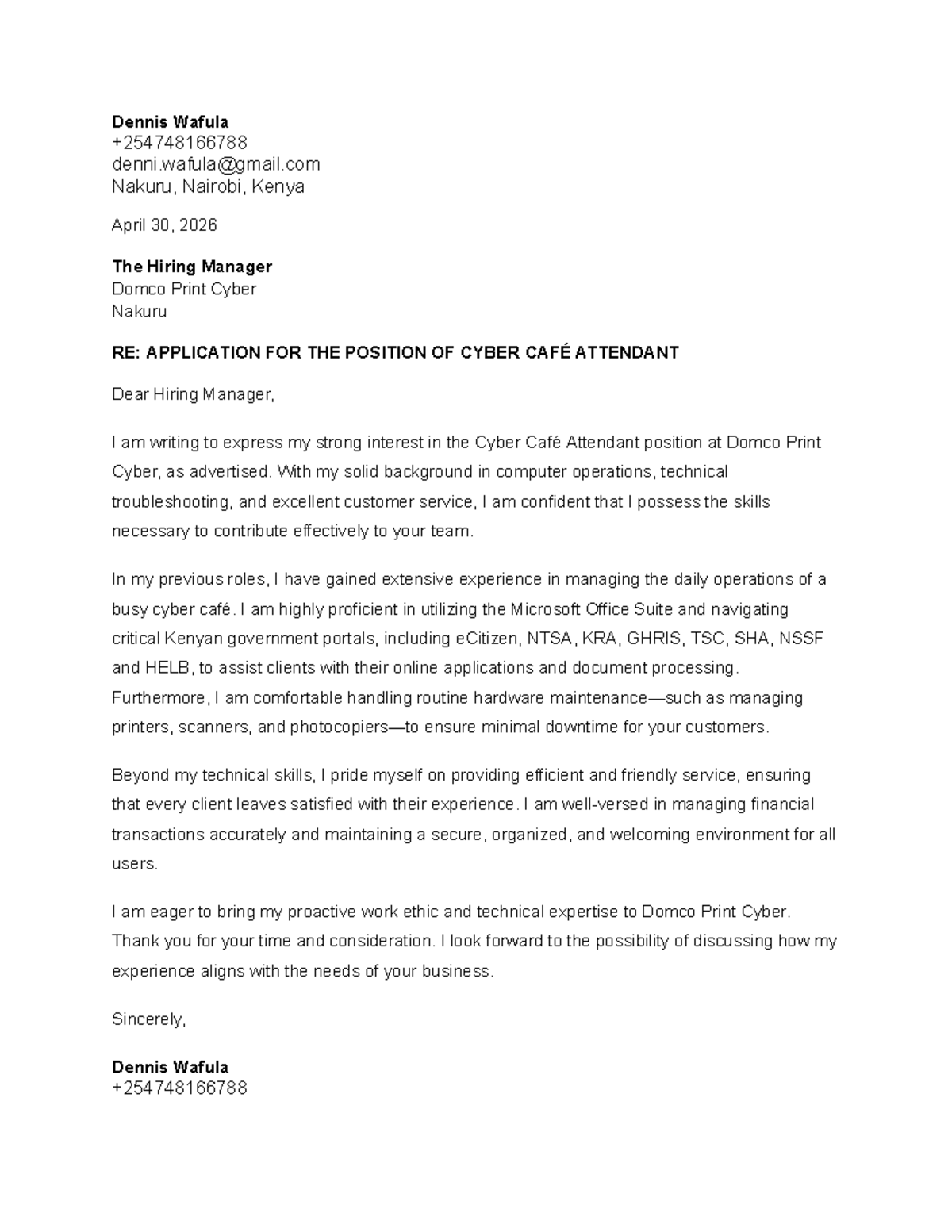 Cover Letter for Cyber Café Attendant Position - Dennis Wafula - Studocu