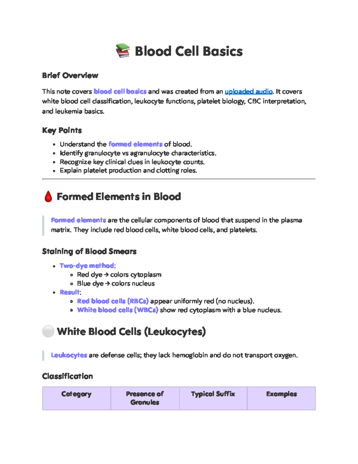 Blood Cell Basics: Overview and Functions - Studocu