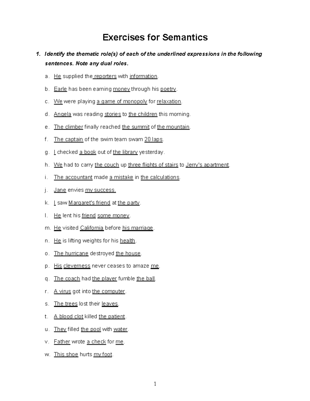 Semantics Exercises (2022) - Exercises for Semantics Identify the ...