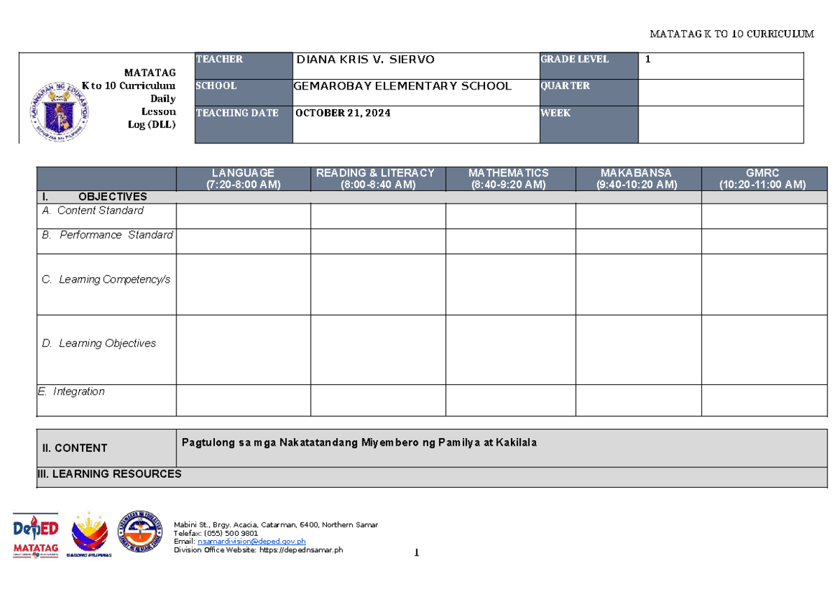 MATATAG K to 10 Curriculum Daily Lesson Log (DLL) - Grade Level 2024 ...