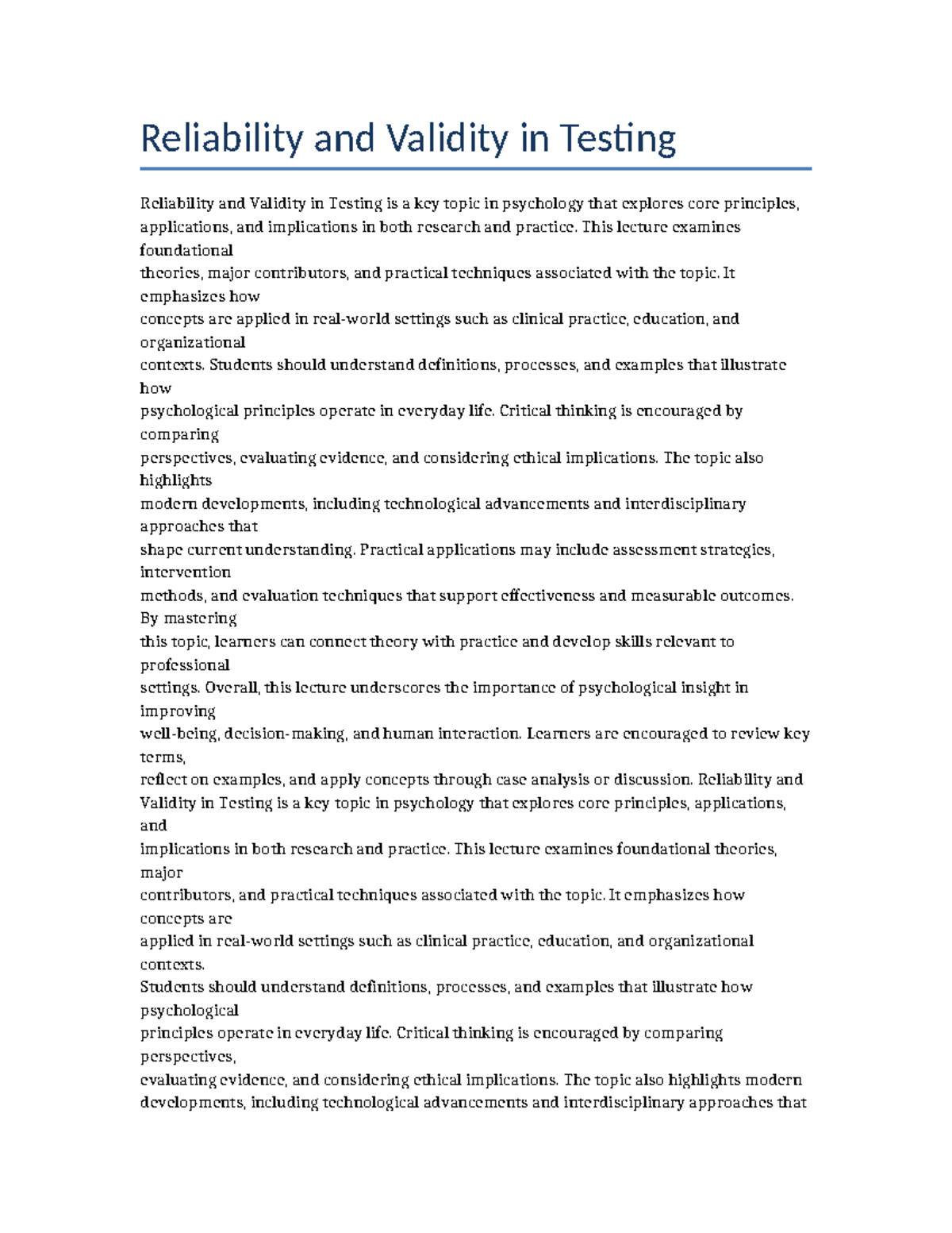 Psychology 101: Lecture on Reliability and Validity in Testing - Studocu