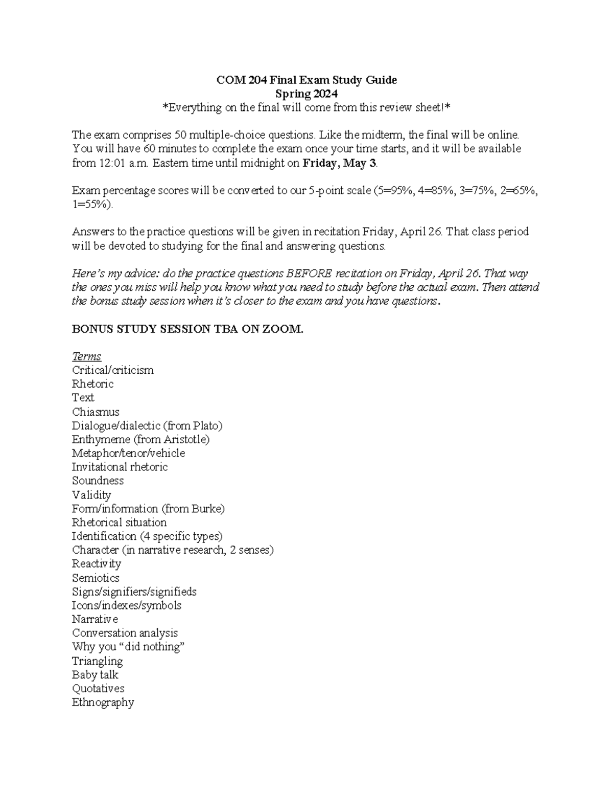 COM 204 Final Exam Study Guide - Spring 2024 Key Concepts and Tips ...