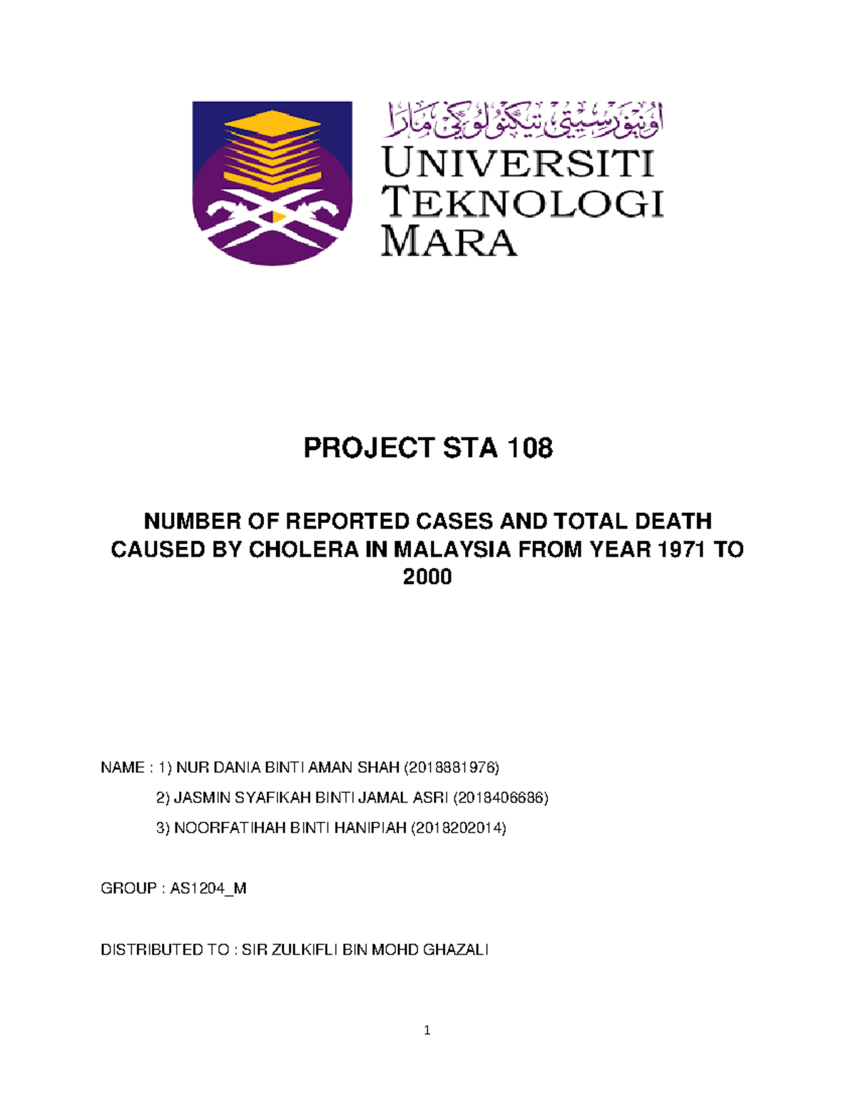 Analysis of Cholera Cases and Deaths in Malaysia (STA108 Group Project ...