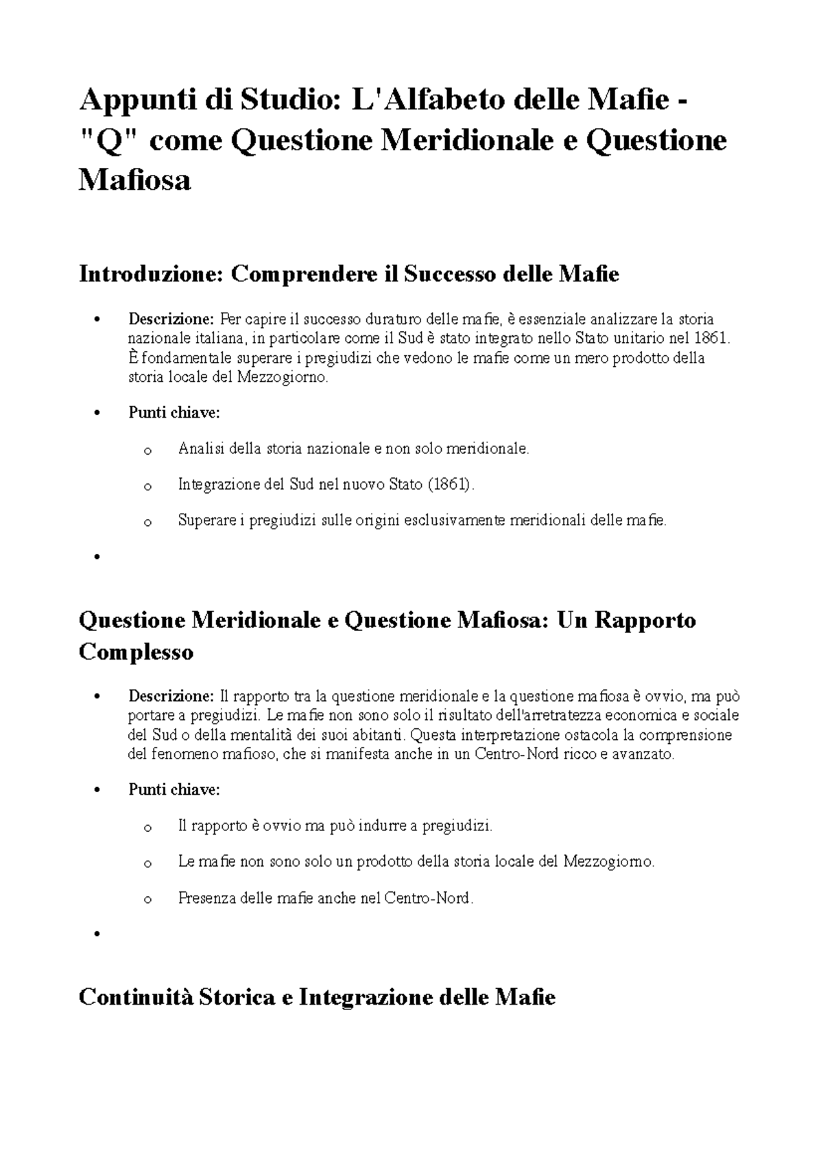 Appunti di Studio: La Mafia e la Questione Meridionale - Analisi ...