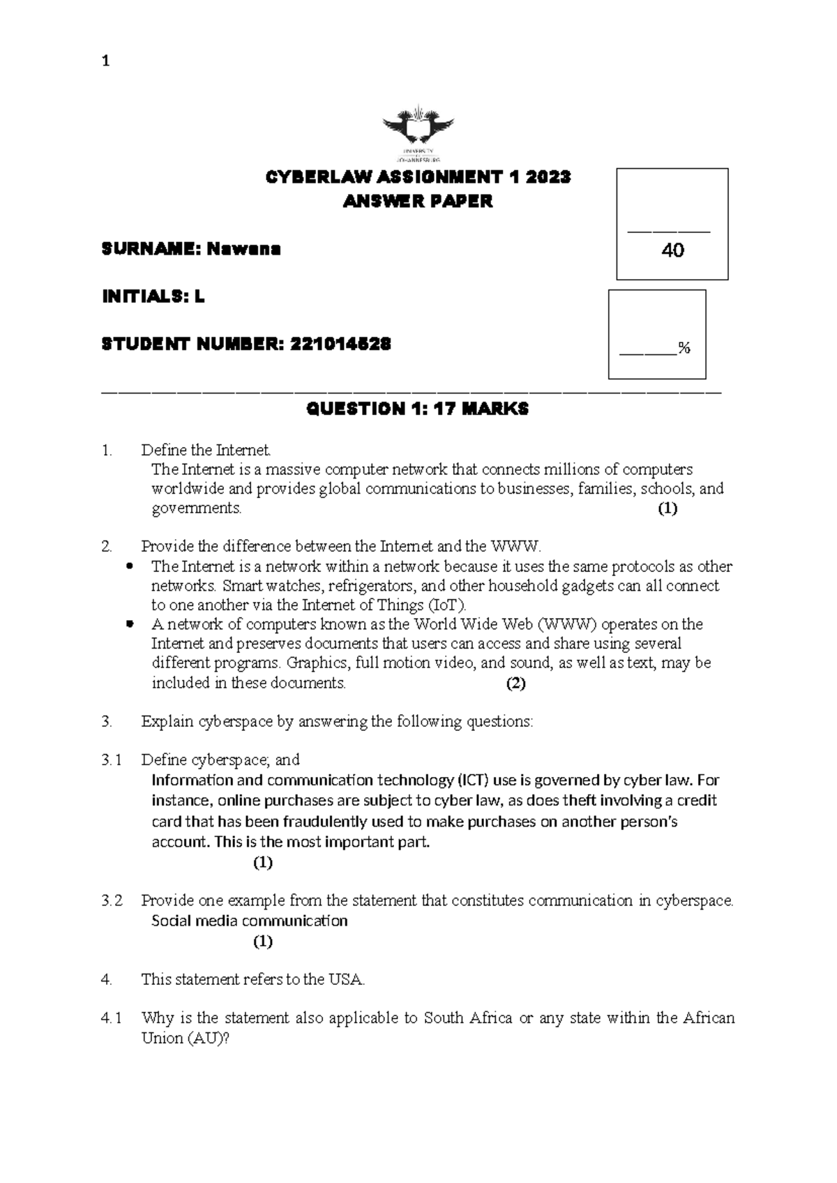 Cyber Law 2023 Final Exam Answer Paper - Assignment 1 - Studocu