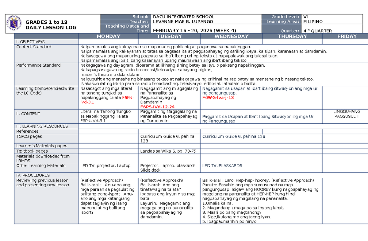 DTC DLL Filipino 6 Q4 W4 - Daily Lesson Log and Teaching Strategies ...