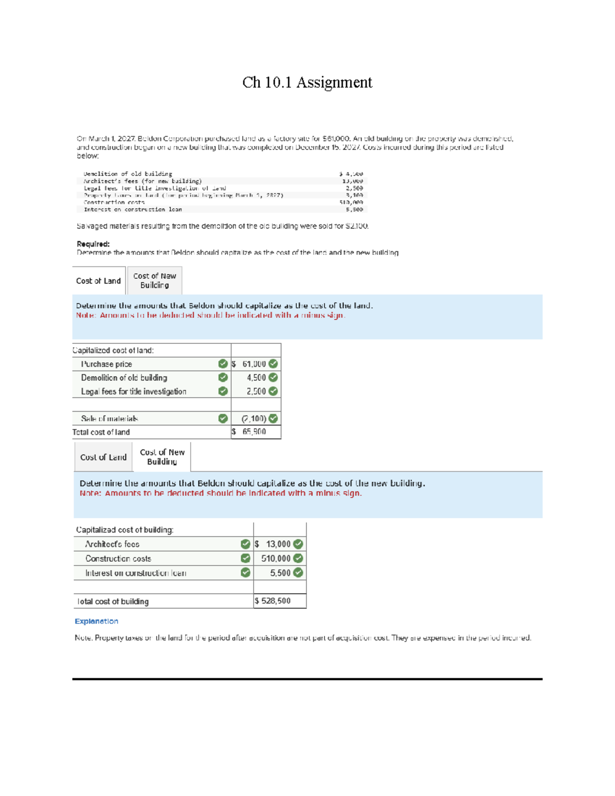 Ch 10.1 Assignment: Capitalization of Land & Building Costs - Studocu