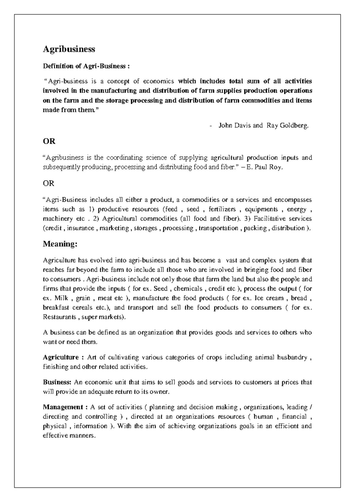 Agribusiness Management Notes BAEM1: Key Concepts & Importance - Studocu