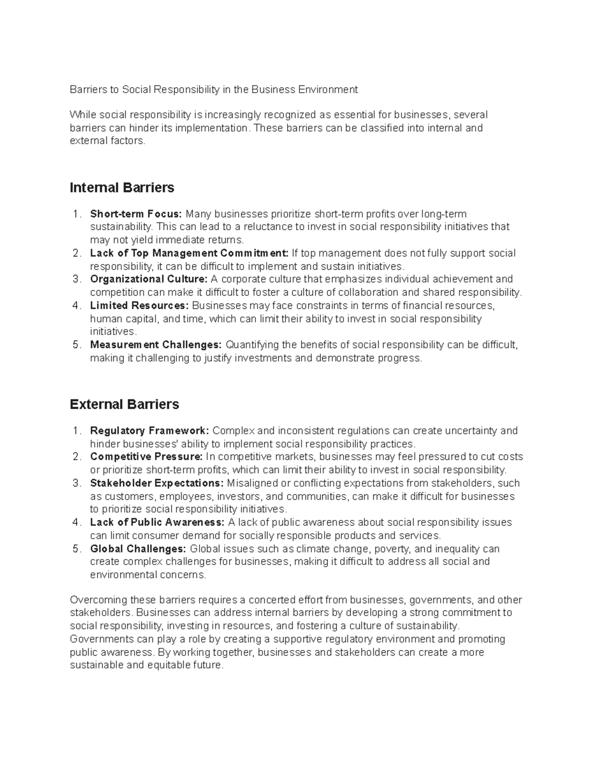 Barriers to Social Responsibility in Business Environment: An In-Depth ...