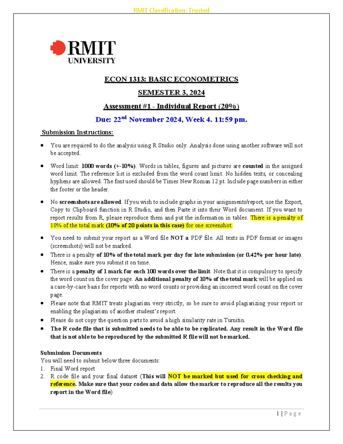 ECON 1313: Basic Econometrics Assessment 1 Report Guidelines - Studocu