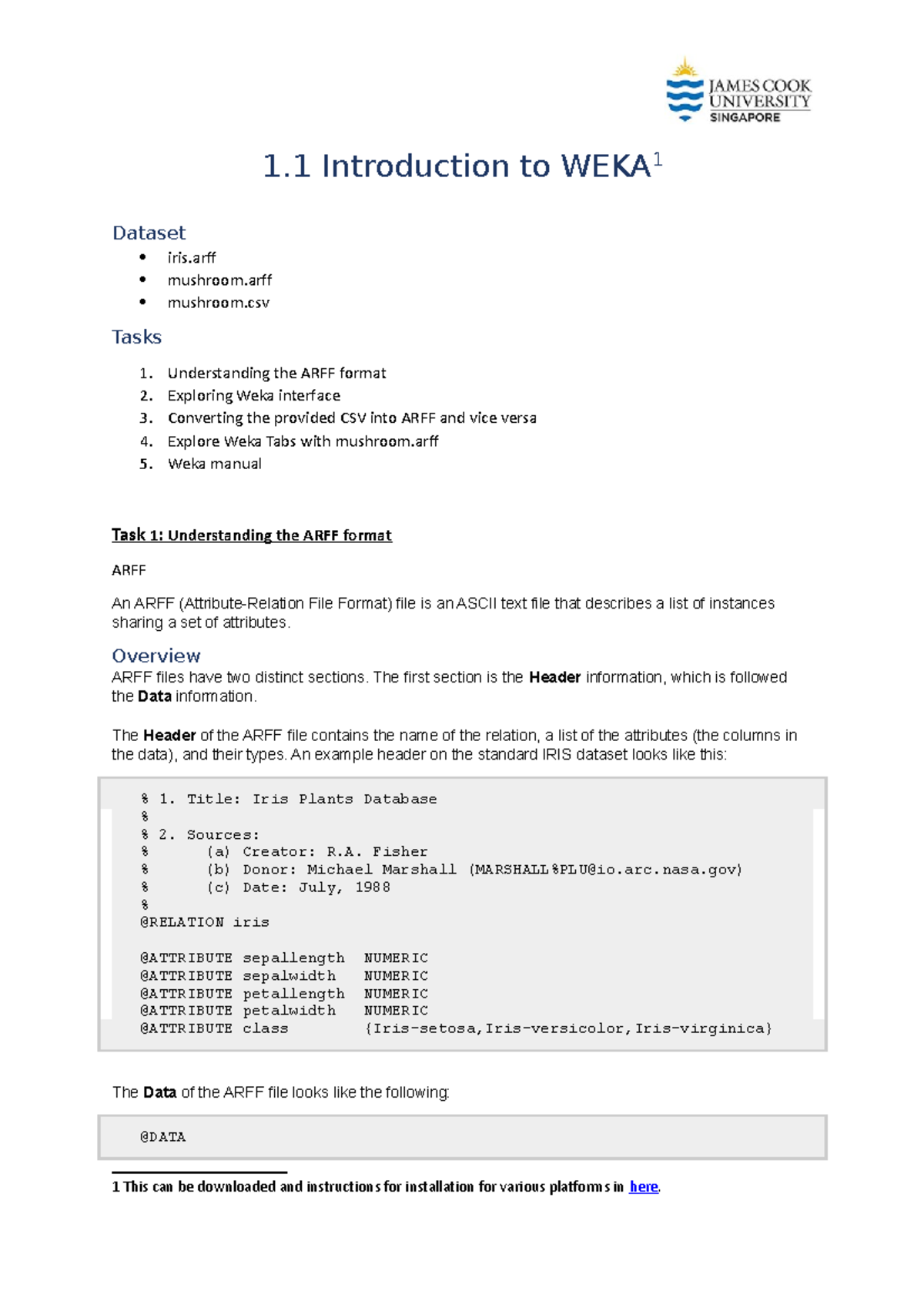 1.1 Lab - Intro to Weka: Understanding ARFF and Data Operations - Studocu