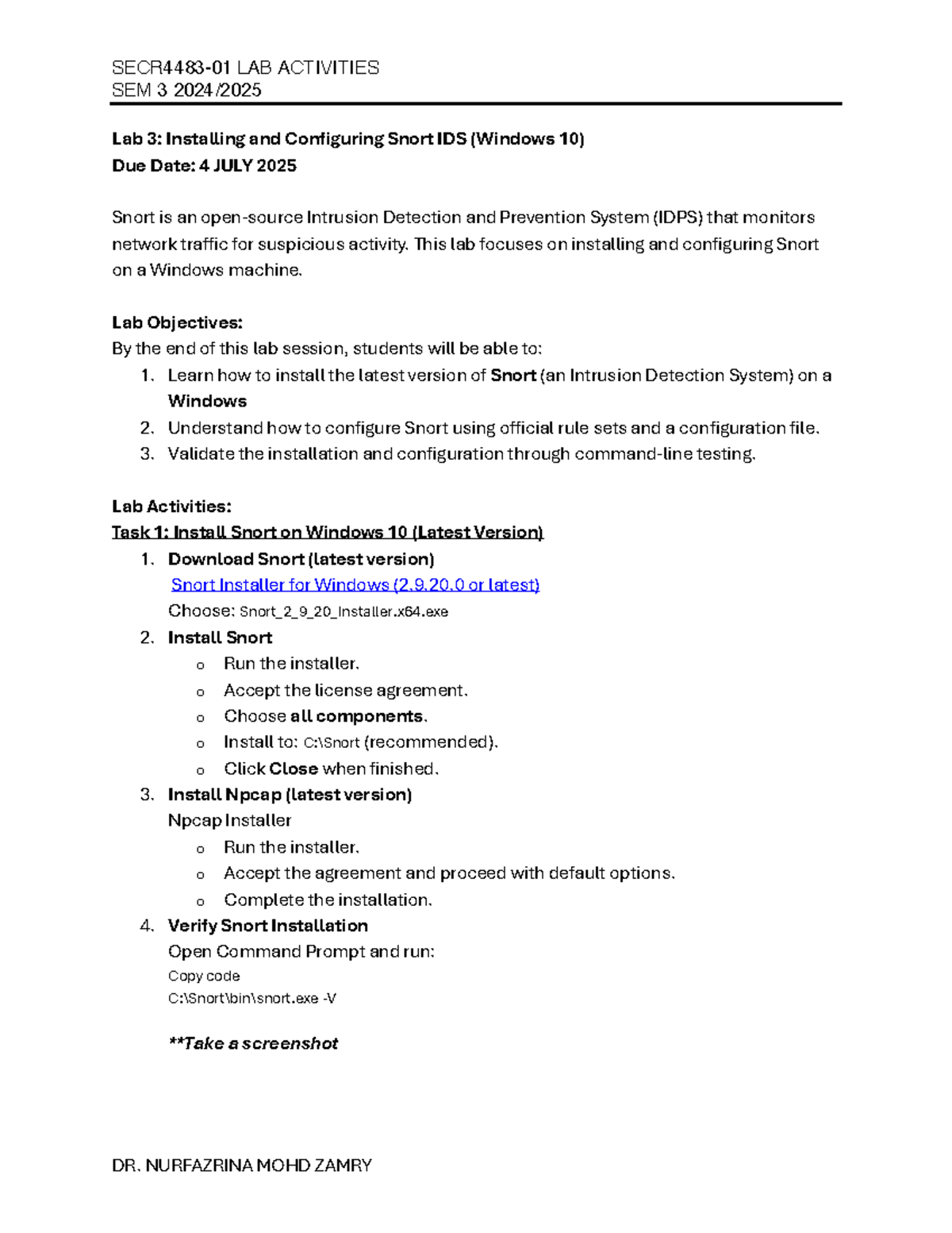Lab 3: Installing & Configuring Snort IDS (Windows 10) - SEM 3 - Studocu
