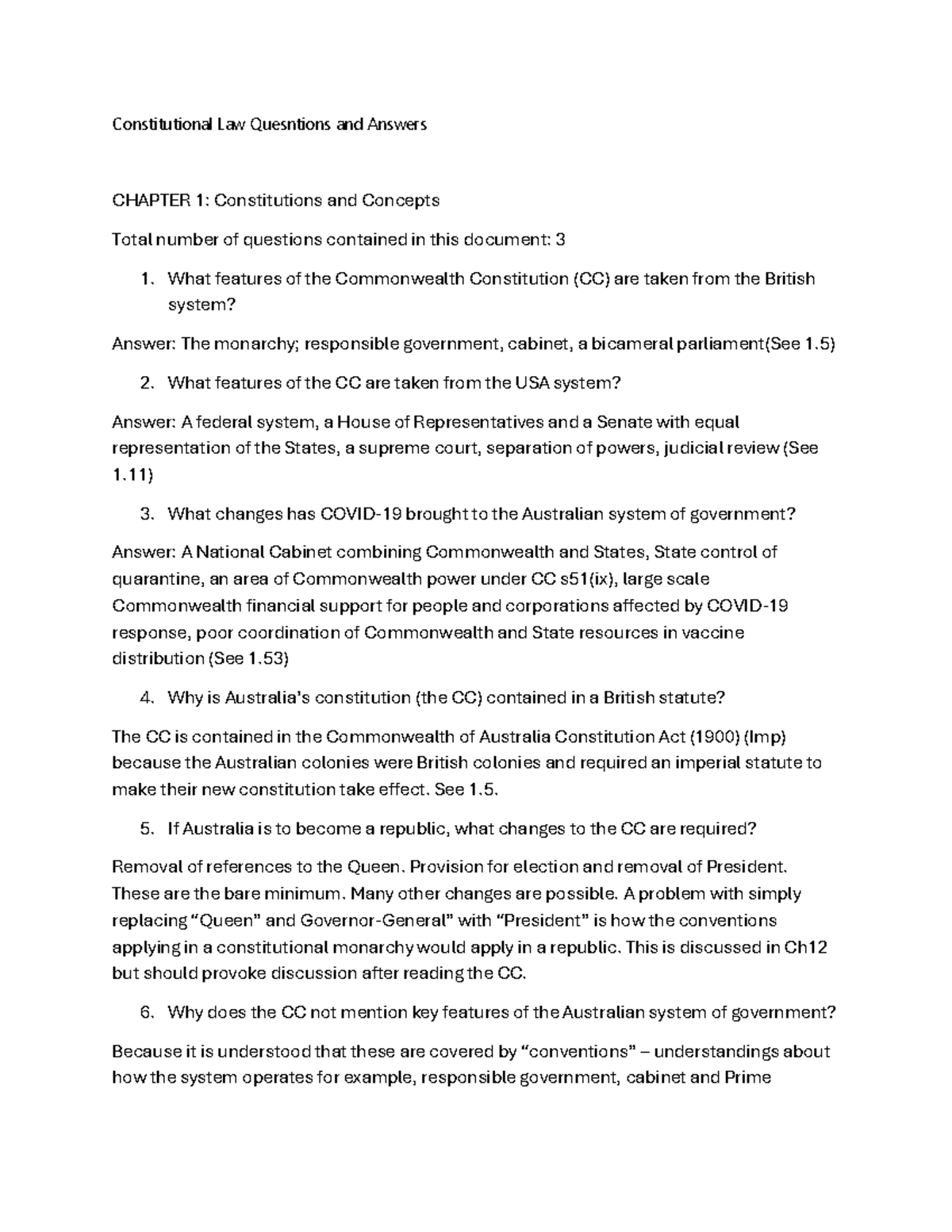 Constitutional Law Questions & Answers: CH 1 & 2 Overview - Studocu
