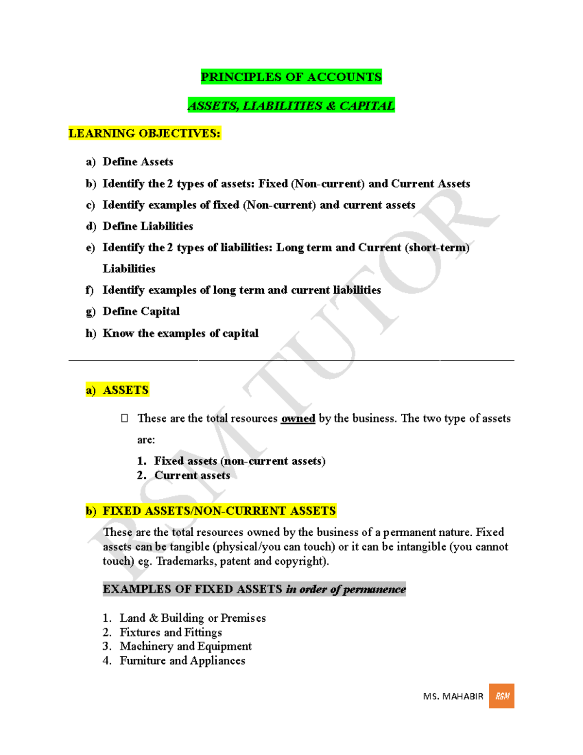 RSM Principles of Accounts: Assets, Liabilities & Capital Overview ...