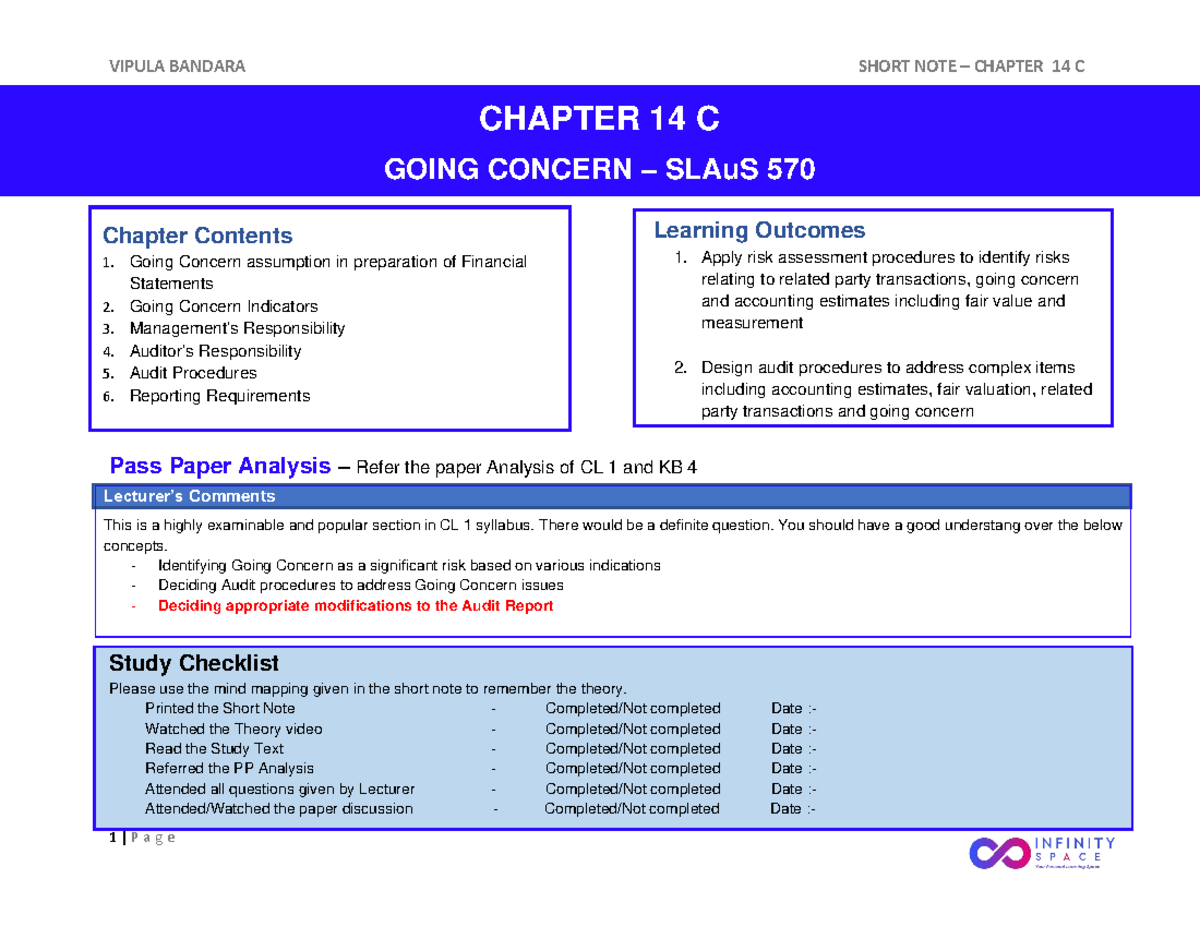 CL 1 Short Note on Going Concern SLAuS 570 Chapter 14 C - Studocu