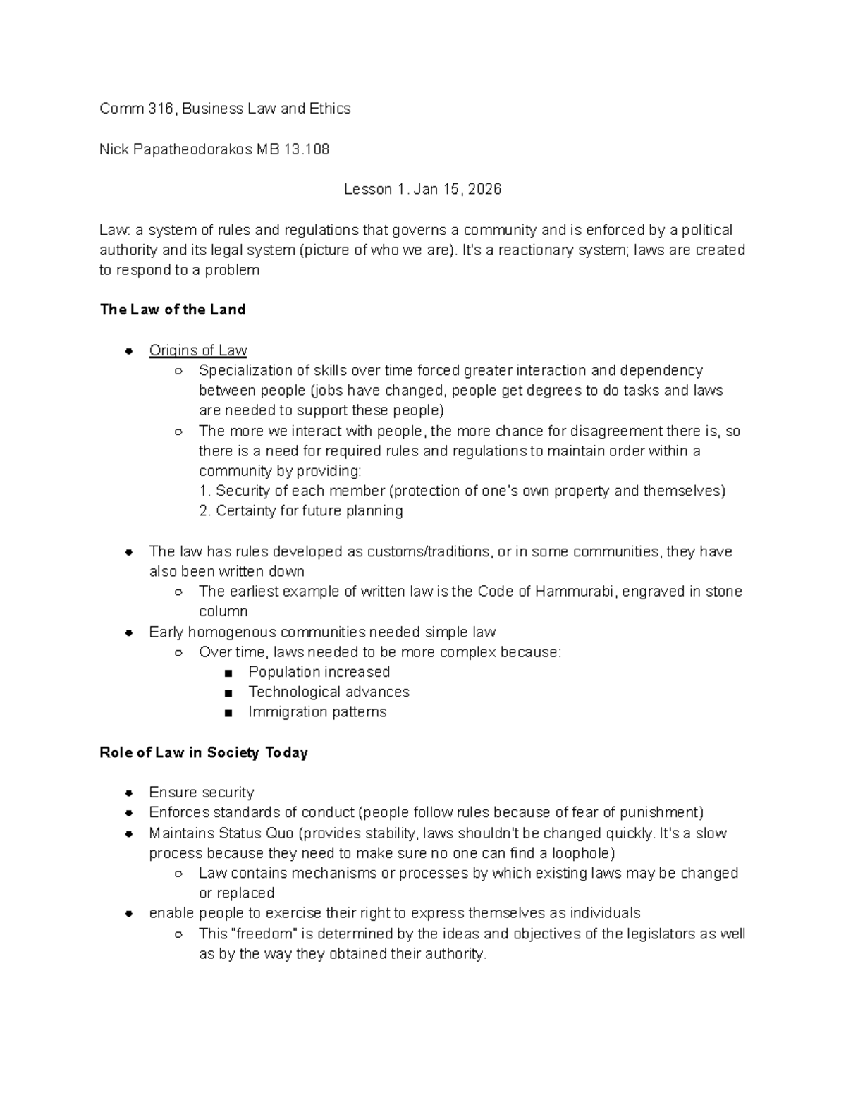 Comm 316 - Business Law and Ethics: Midterm Study Notes - Studocu