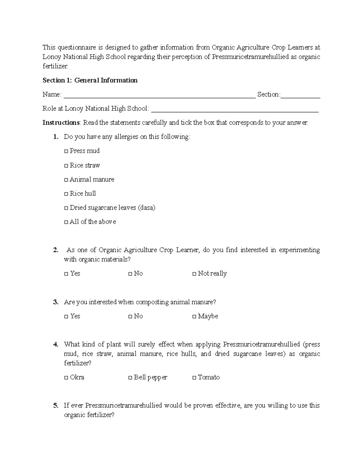 Organic Agri Crop Learners' Questionnaire on Pressmuricetramurehullied ...