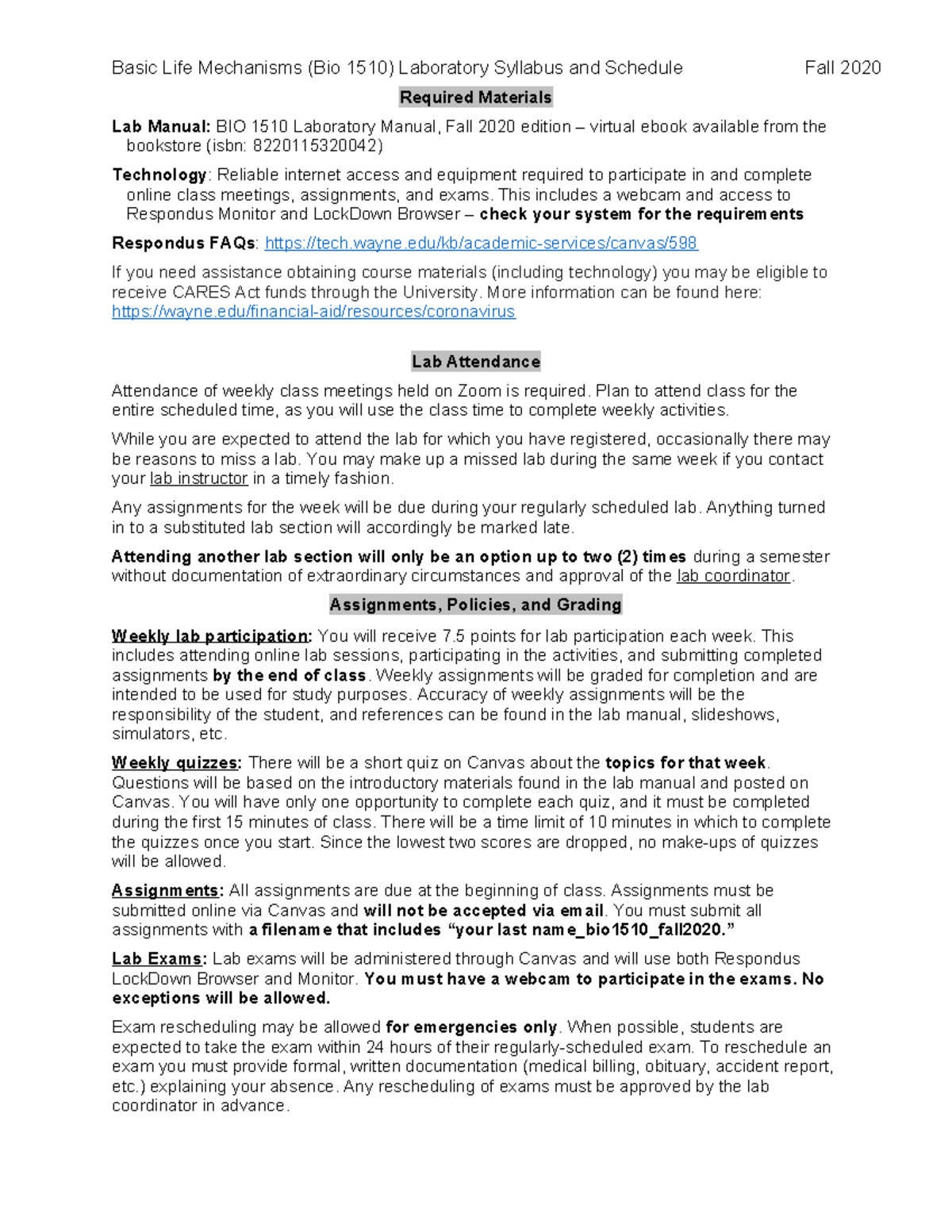 Bio1510Lab Syllabus Fall2020 Revised 9 4 - Basic Life Mechanisms (Bio ...