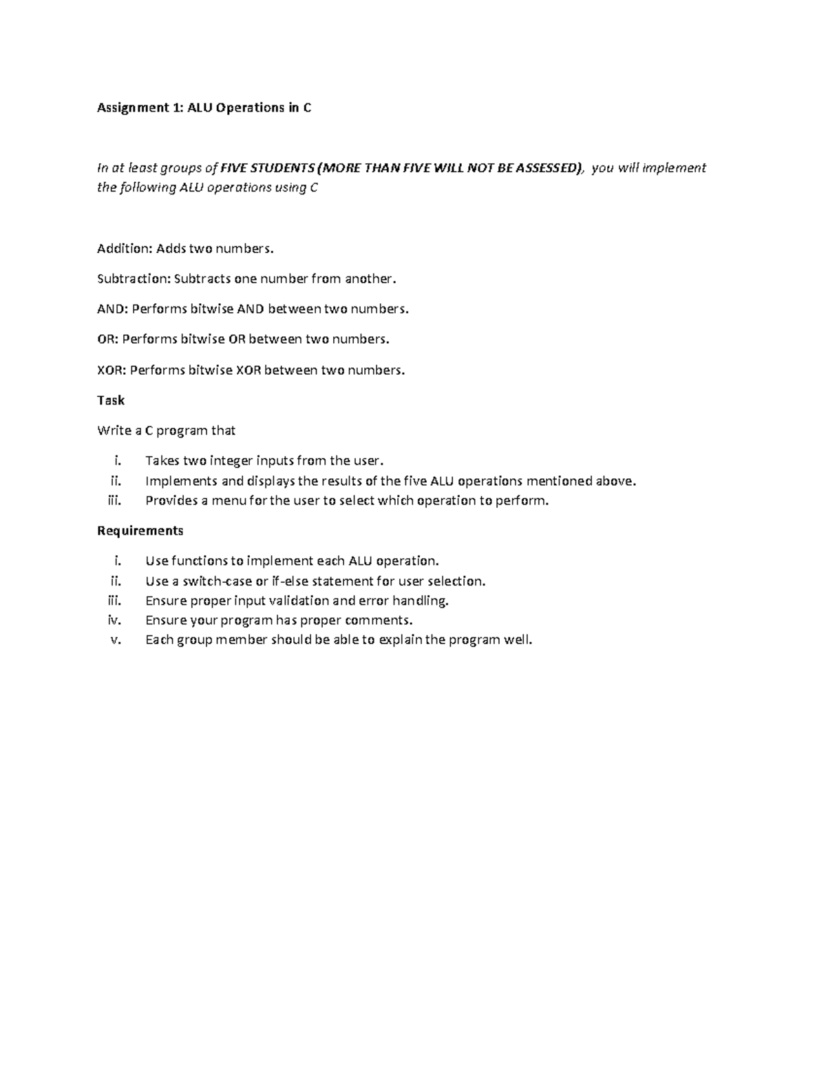 Assignment 1 - N/A - Assignment 1 : ALU Operations in C In at least ...