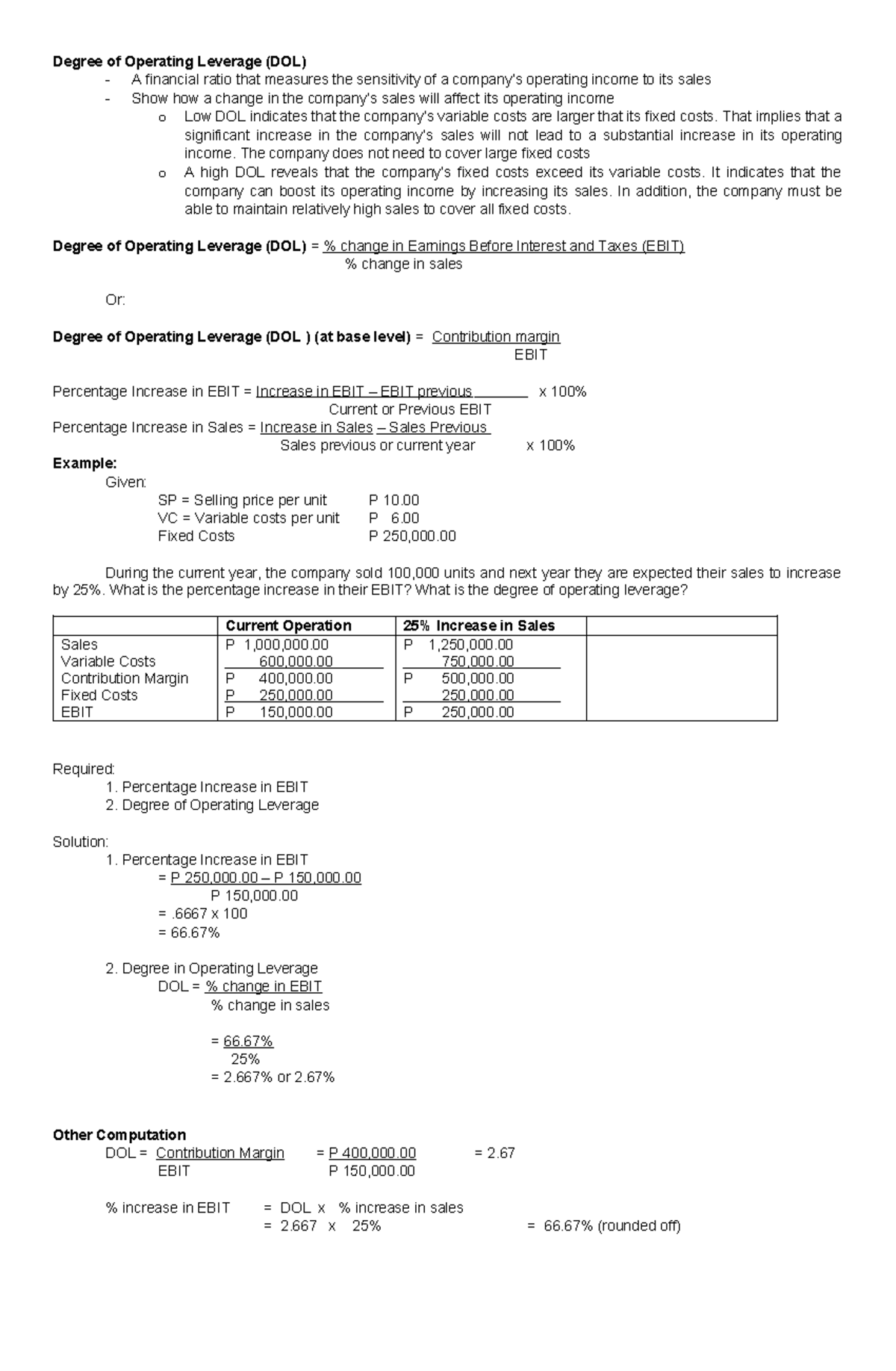 FM 8 - Capital Structure - Degree of Operating Leverage - Degree of ...