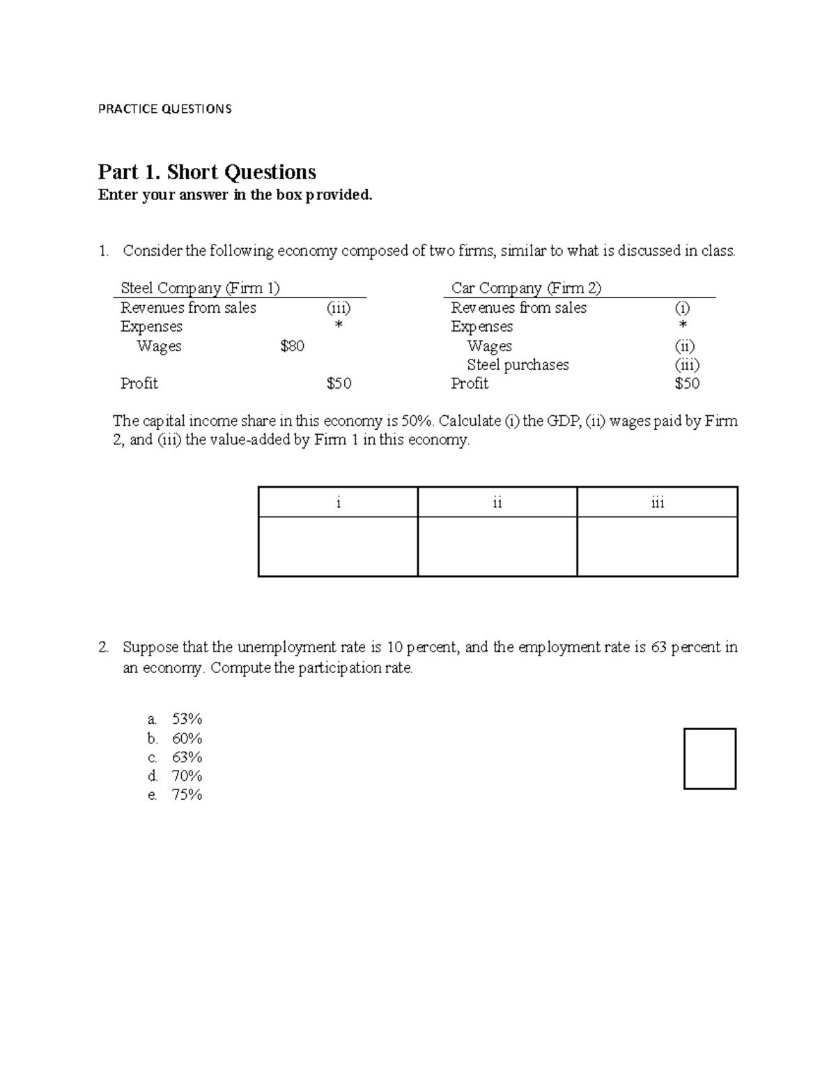 Practice Questions for Economics 101: Short Answer & Calculations - Studocu