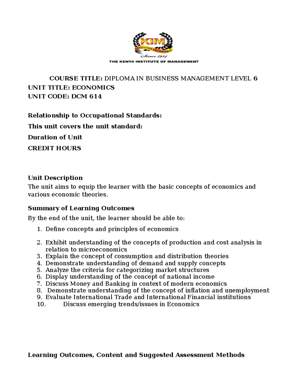 DCM 614 Economics Unit Outline and Learning Outcomes Guide - Studocu