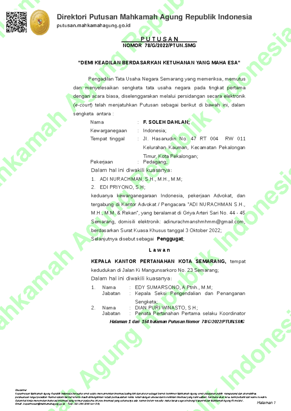 Putusan 78/G/2022/PTUN Semarang: Analisis Kasus Tata Usaha Negara - Document Preview