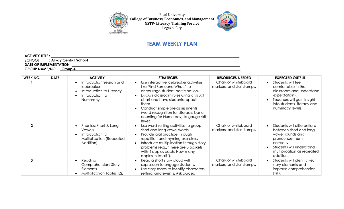 NSTP- Literacy Training Service - Weekly Teaching Plan for Immersion ...