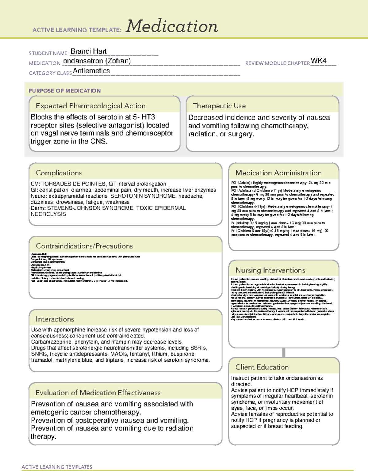 Drug Card: Ondansetron (Zofran) - Active Learning Template - Studocu