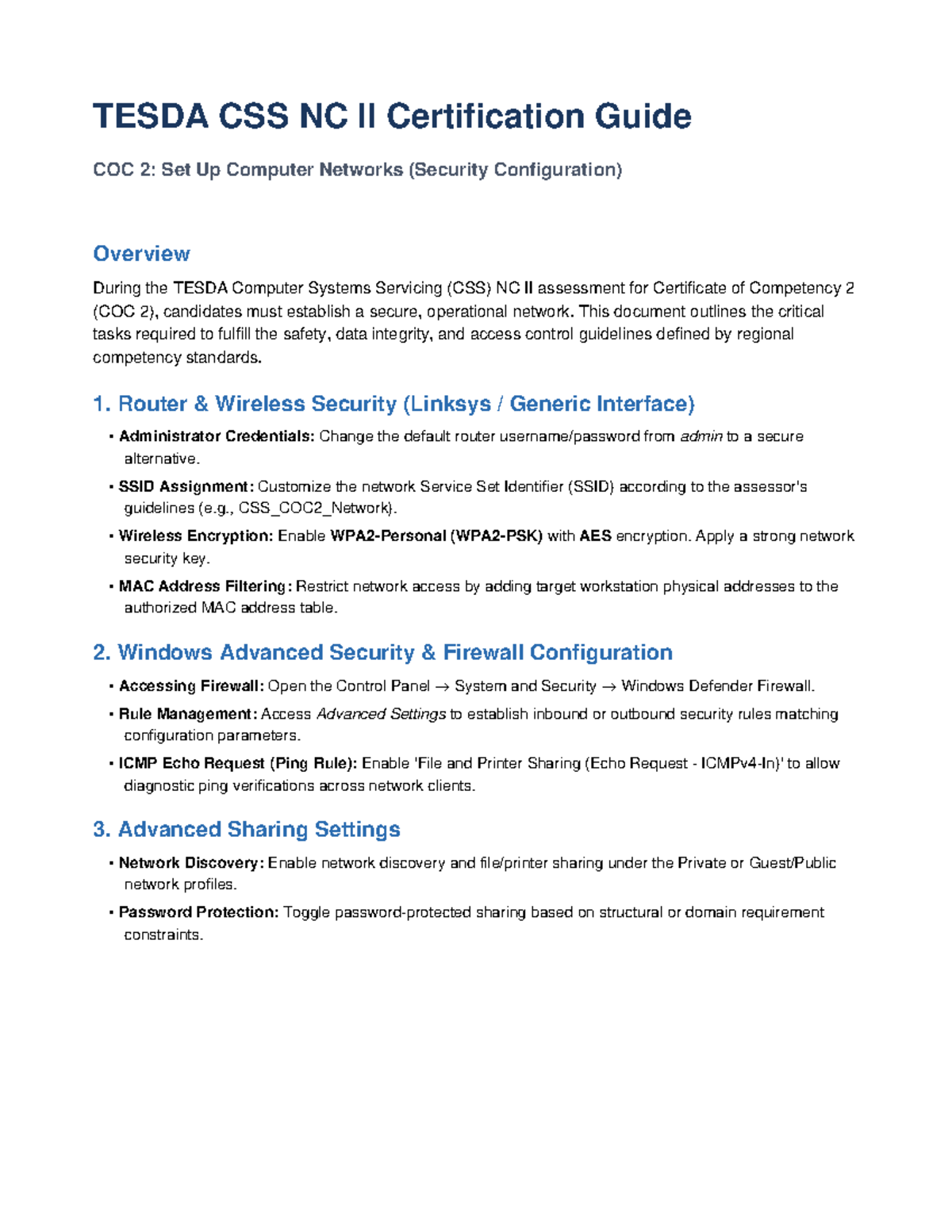 TESDA CSS NC II COC 2: Computer Network Security Setup Guide - Studocu