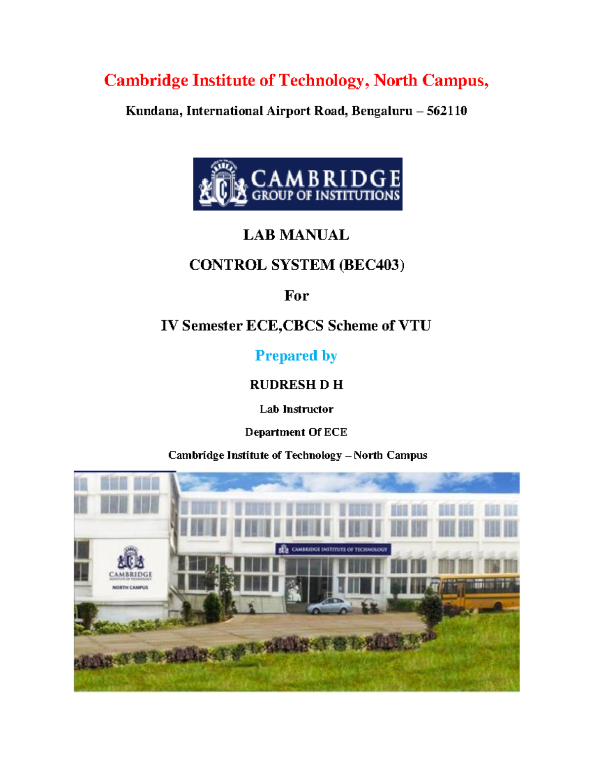 LAB MANUAL FOR CONTROL SYSTEM (BEC403) - IV SEM ECE - Studocu