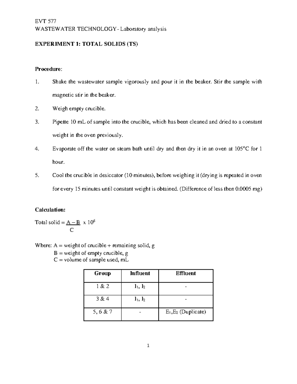 EVT577 LAB Manual: Wastewater Technology Experiments Overview - Studocu
