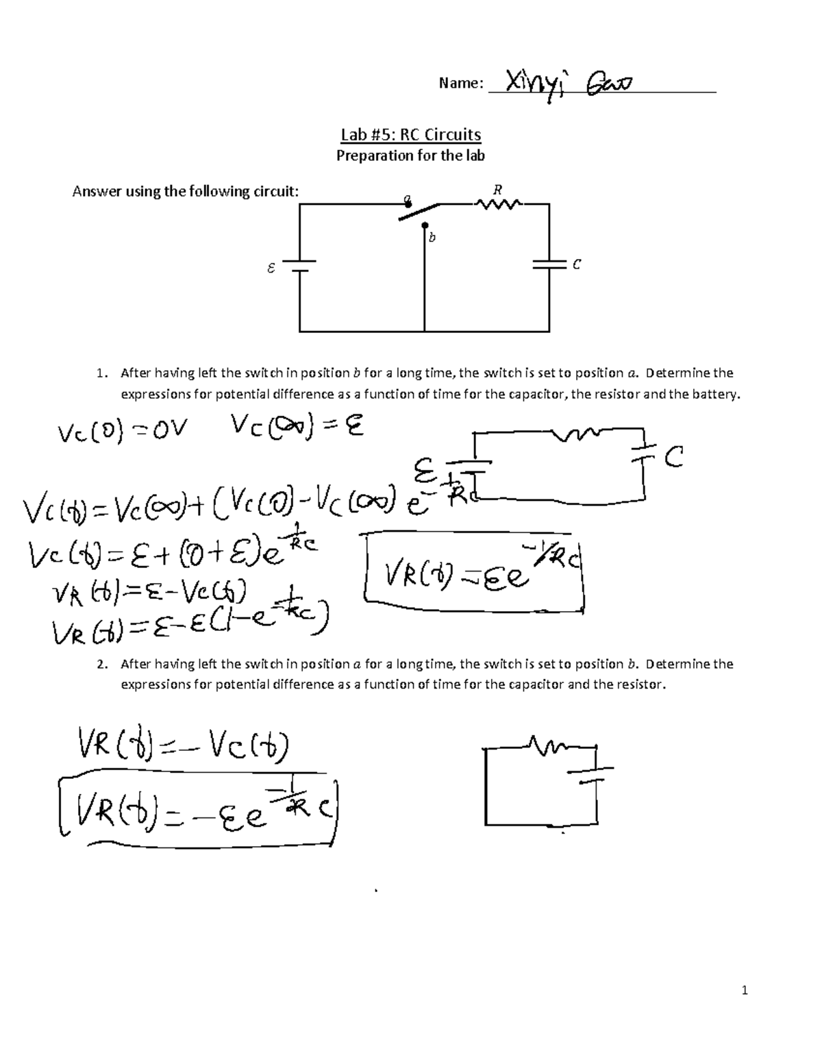E & M Lab 5 - RC Circuits Preparation and Analysis - Studocu