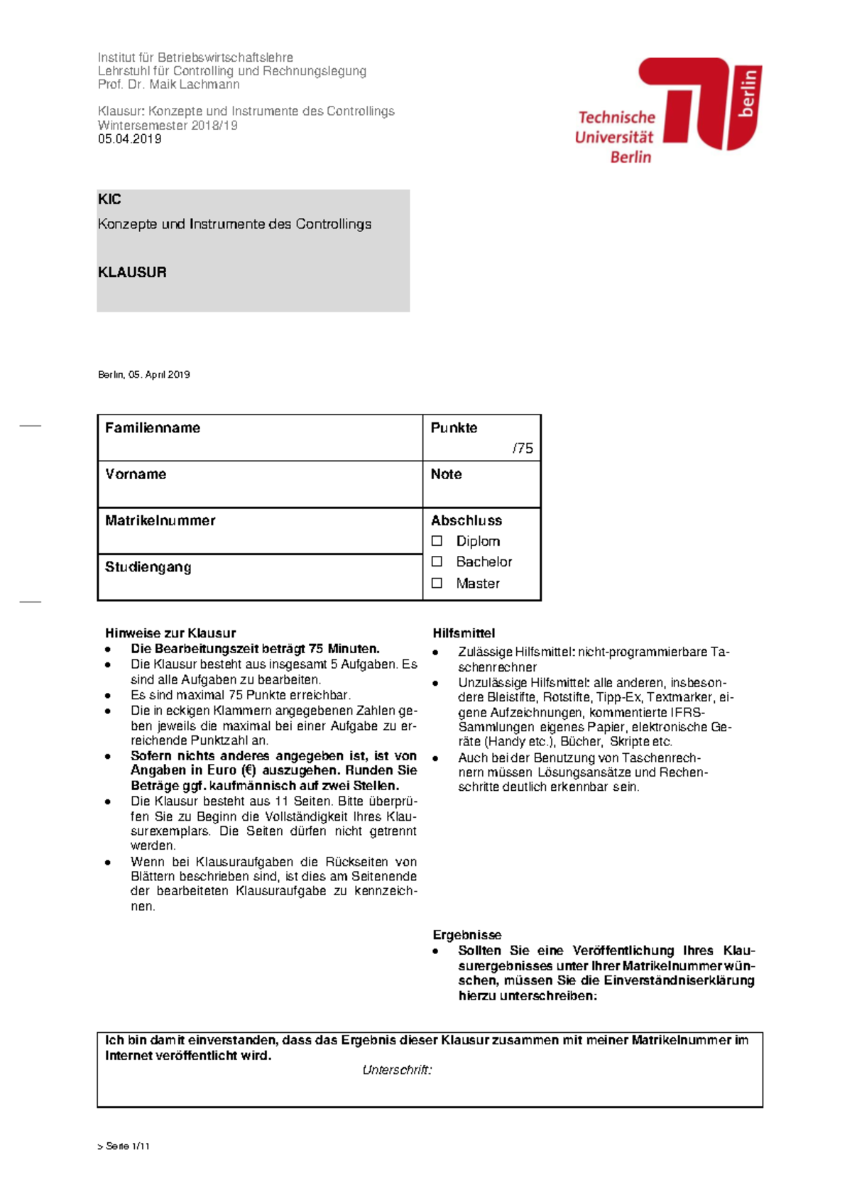 Klausur: Konzepte und Instrumente des Controllings (KIC WiSe 2018) - Document Preview