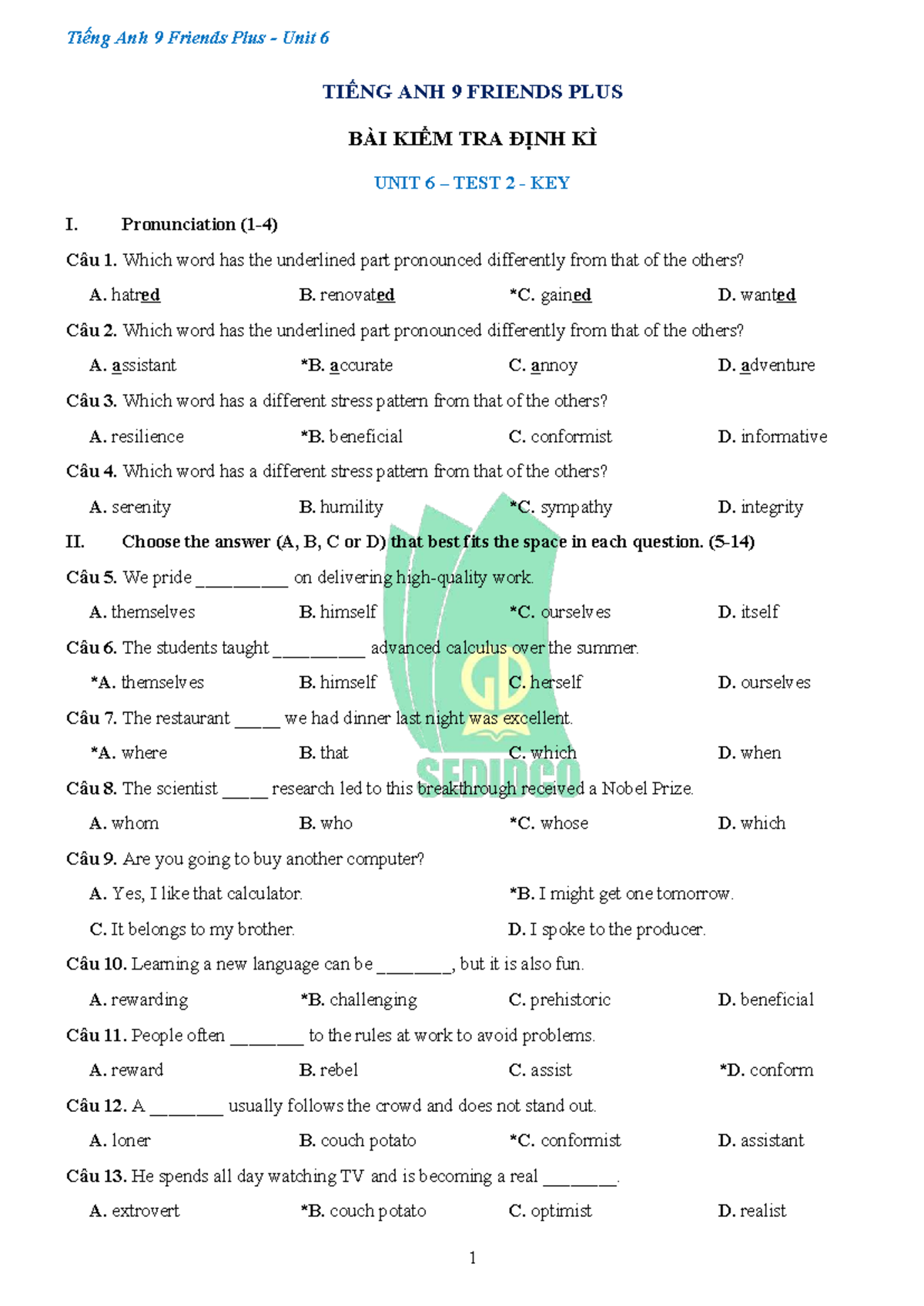 TIẾNG ANH 9 Friends Plus Unit 6 Test 2 Answer Key - Studocu