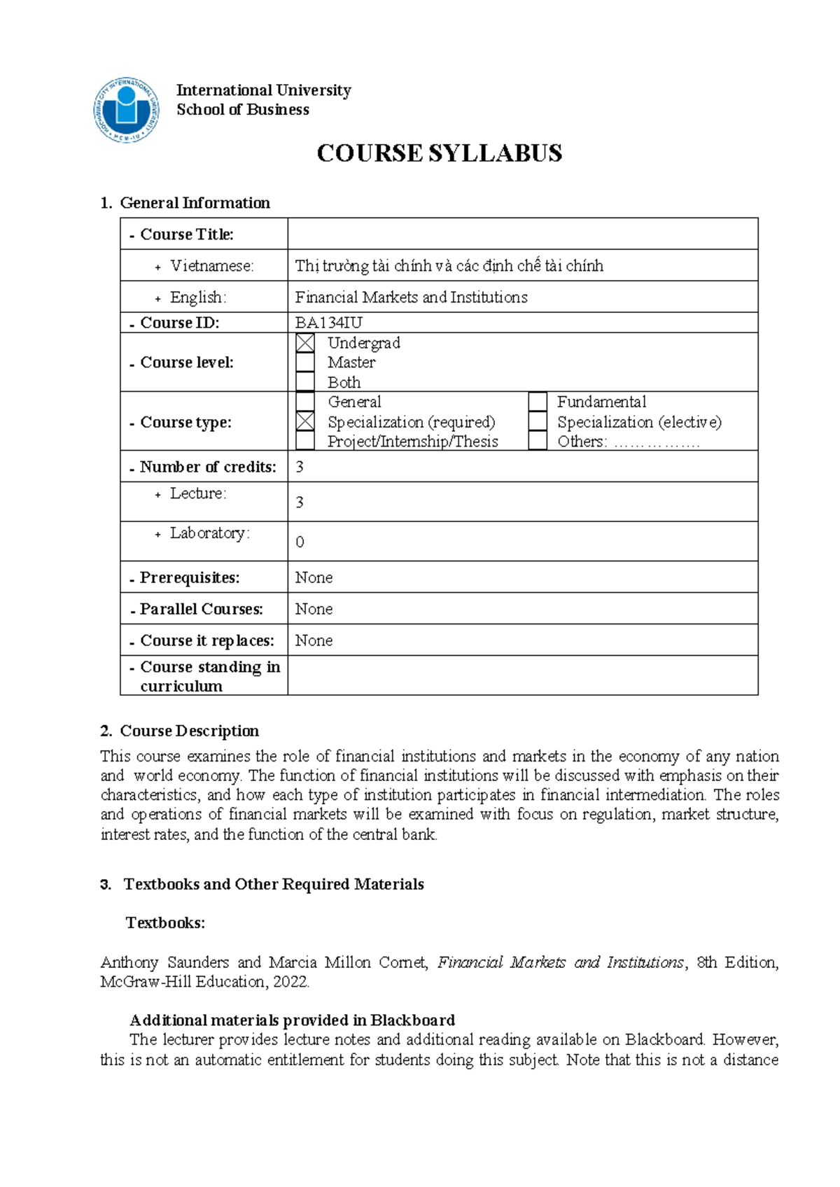 BA134IU - Financial Markets and Institutions Course Syllabus - Studocu