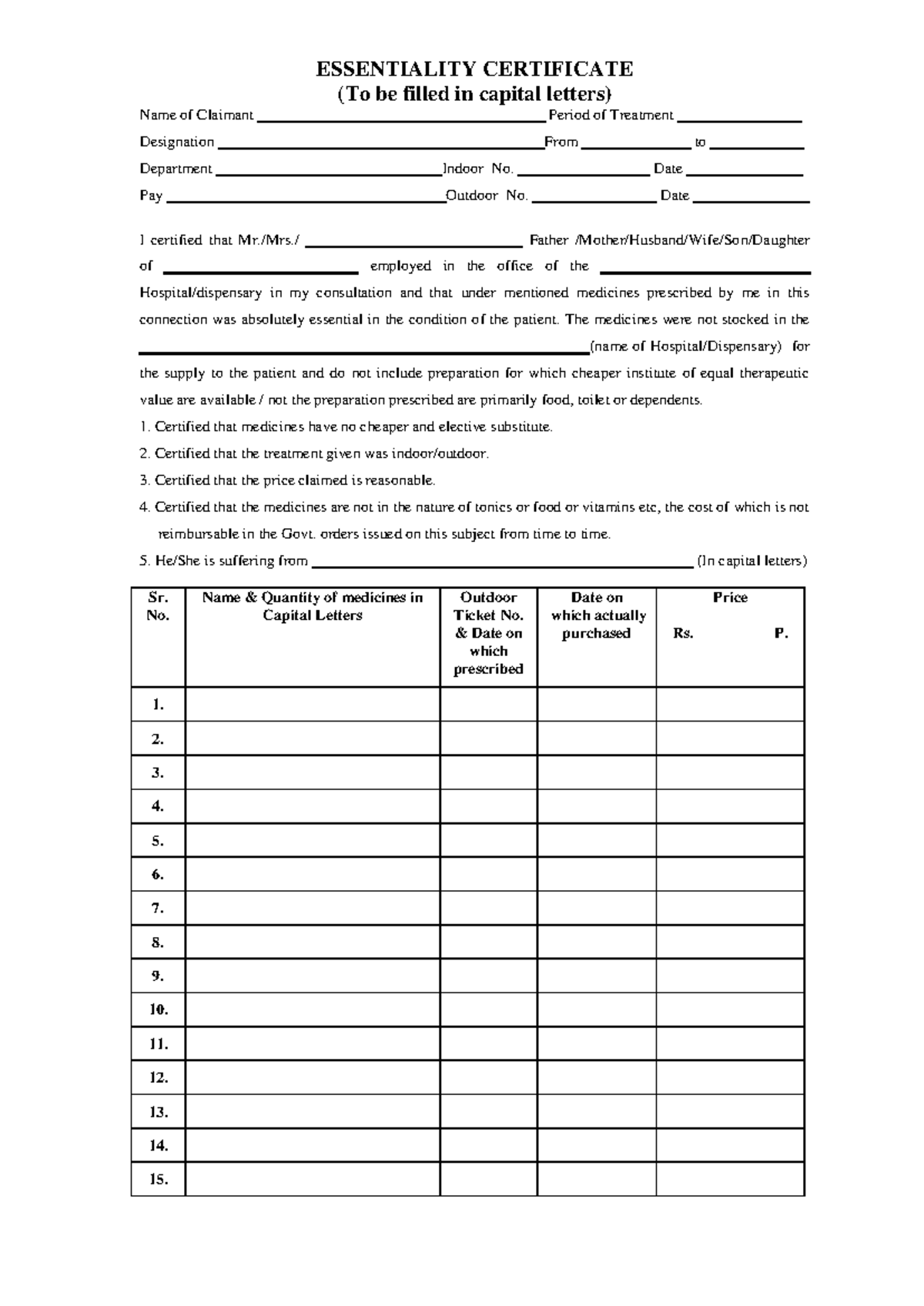 Medical Reimbursement Certificate for Treatment - Essentiality Details ...